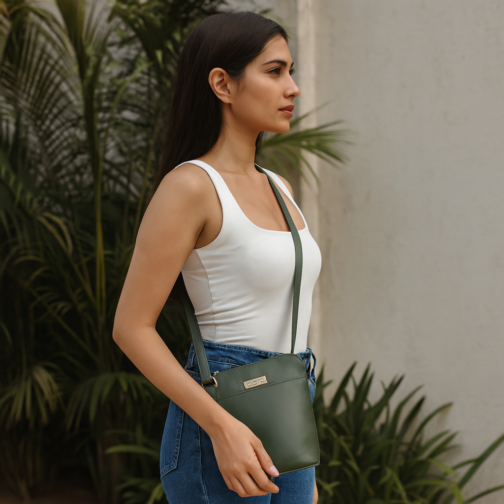 Sishka Olive Genuine Leather Crossbody Organizer Bag for Women – Chic Shoulder Purse with a Sleek Crossover Design, Perfect for Daily Use & Outings (H 9.25" x W 9.5" x D 3.5")