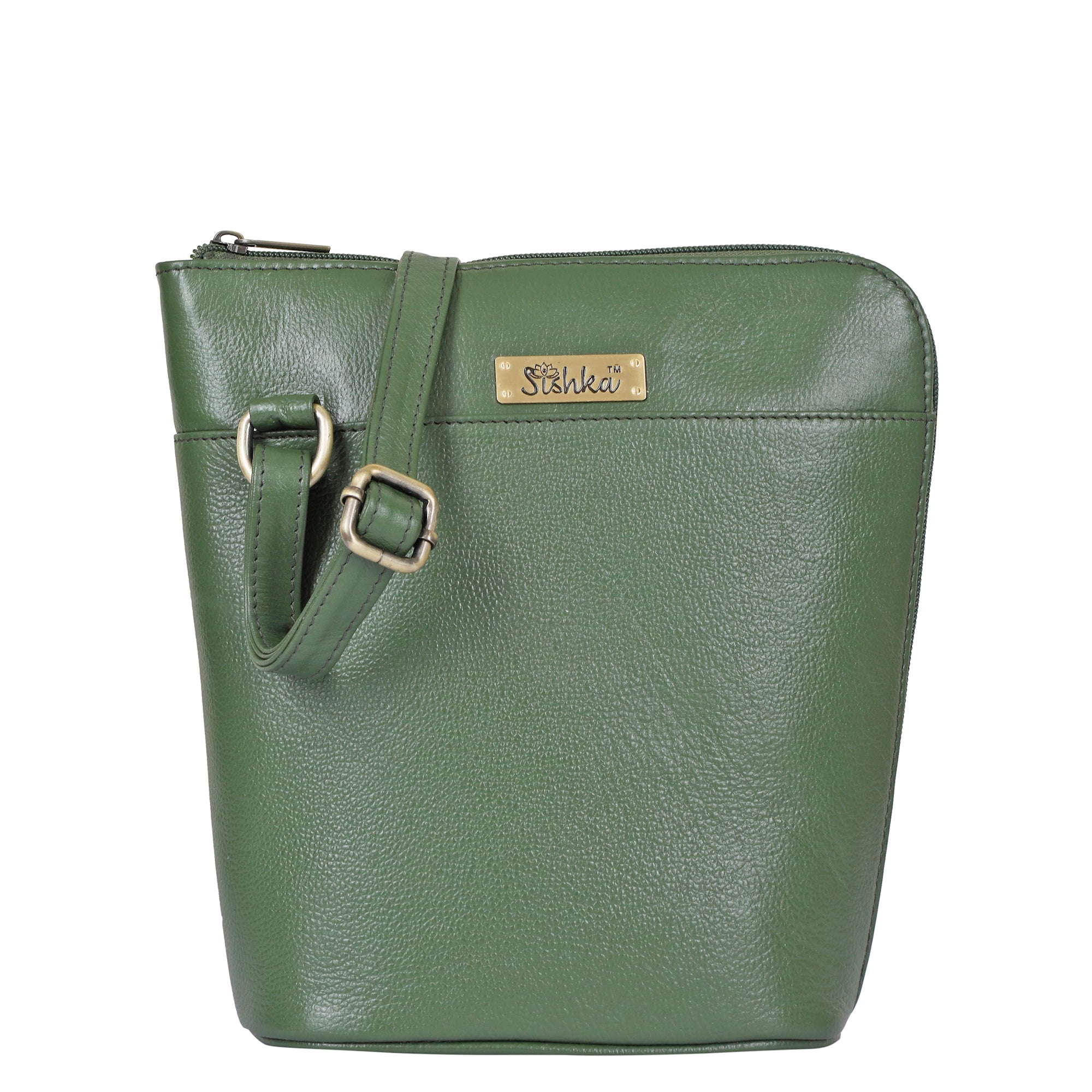 Sishka Olive Genuine Leather Crossbody Organizer Bag for Women – Chic Shoulder Purse with a Sleek Crossover Design, Perfect for Daily Use & Outings (H 9.25" x W 9.5" x D 3.5")