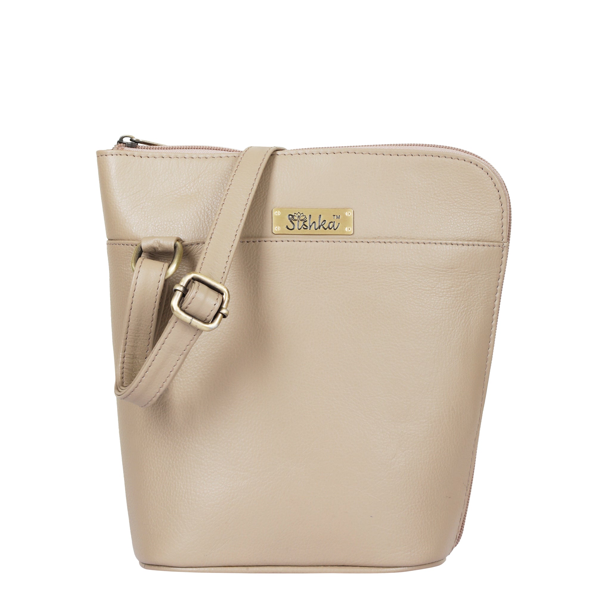 Sishka Taupe Genuine Leather Crossover Bag for Women – Modern Shoulder Handbag with an Elegant Organizer Design, Ideal for Everyday Carry (H 9.25" x W 9.5" x D 3.5").