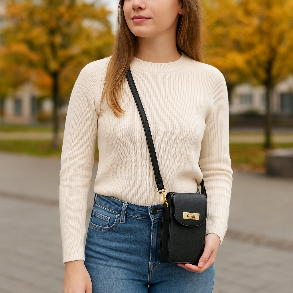 Crossbody Cell Phone Wallet in Trendy Black by Sishka – Stylish Genuine Leather Purse, Sleek Shoulder Bag, Travel Sling, Compact Wallet for Everyday Use.
