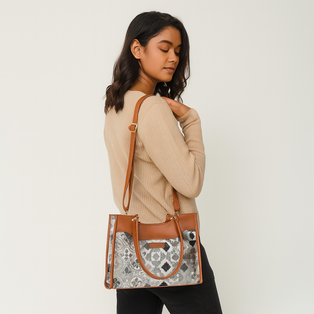 Abstract Tapestry Satchel Bag Crossbody Top Handle Handbag for Women with Vegan Leather Trim for Daily Use