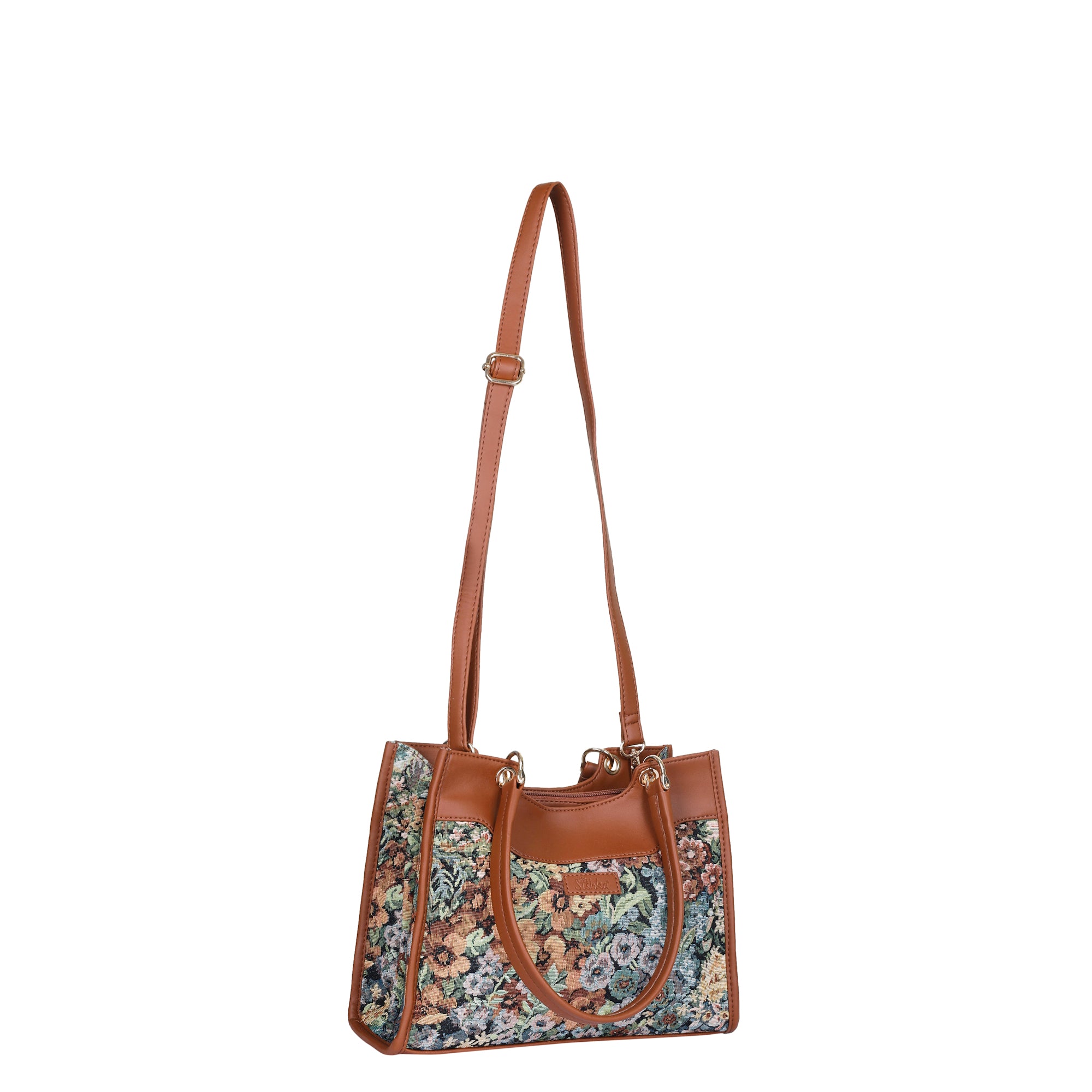 Women’s Botanical Tapestry Satchel Bag Crossbody Shoulder Handbag with Vegan Leather Trim for Everyday Use