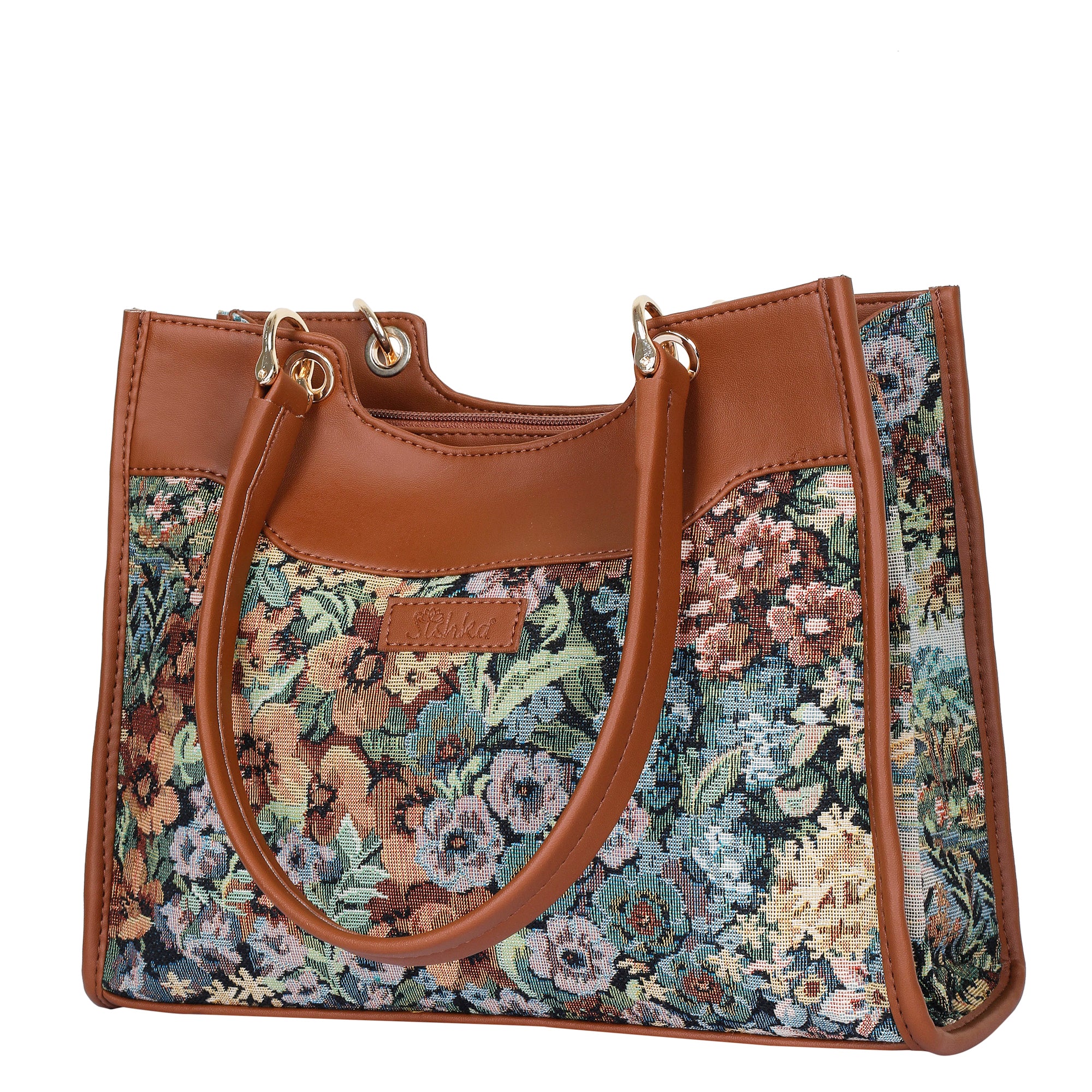 Women’s Botanical Tapestry Satchel Bag Crossbody Shoulder Handbag with Vegan Leather Trim for Everyday Use