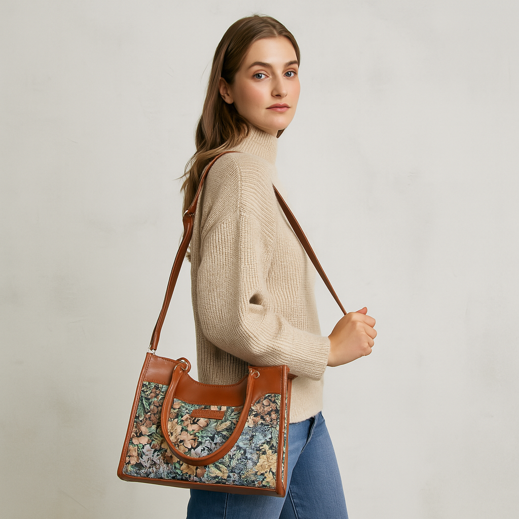 Women’s Botanical Tapestry Satchel Bag Crossbody Shoulder Handbag with Vegan Leather Trim for Everyday Use