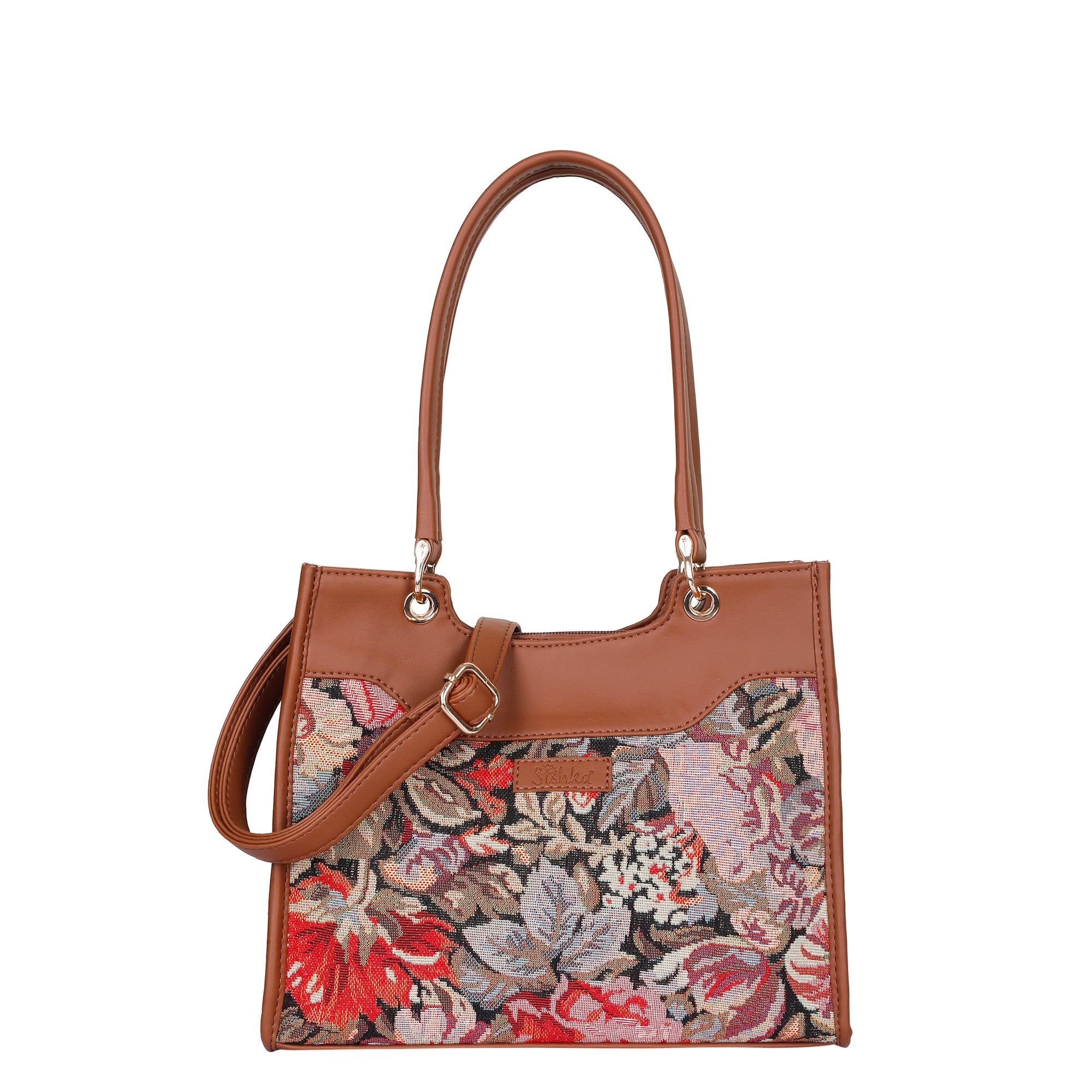Women’s Floral Tapestry Satchel Bag Crossbody Shoulder Handbag with Top Handle Vegan Leather Trim for Office & Travel