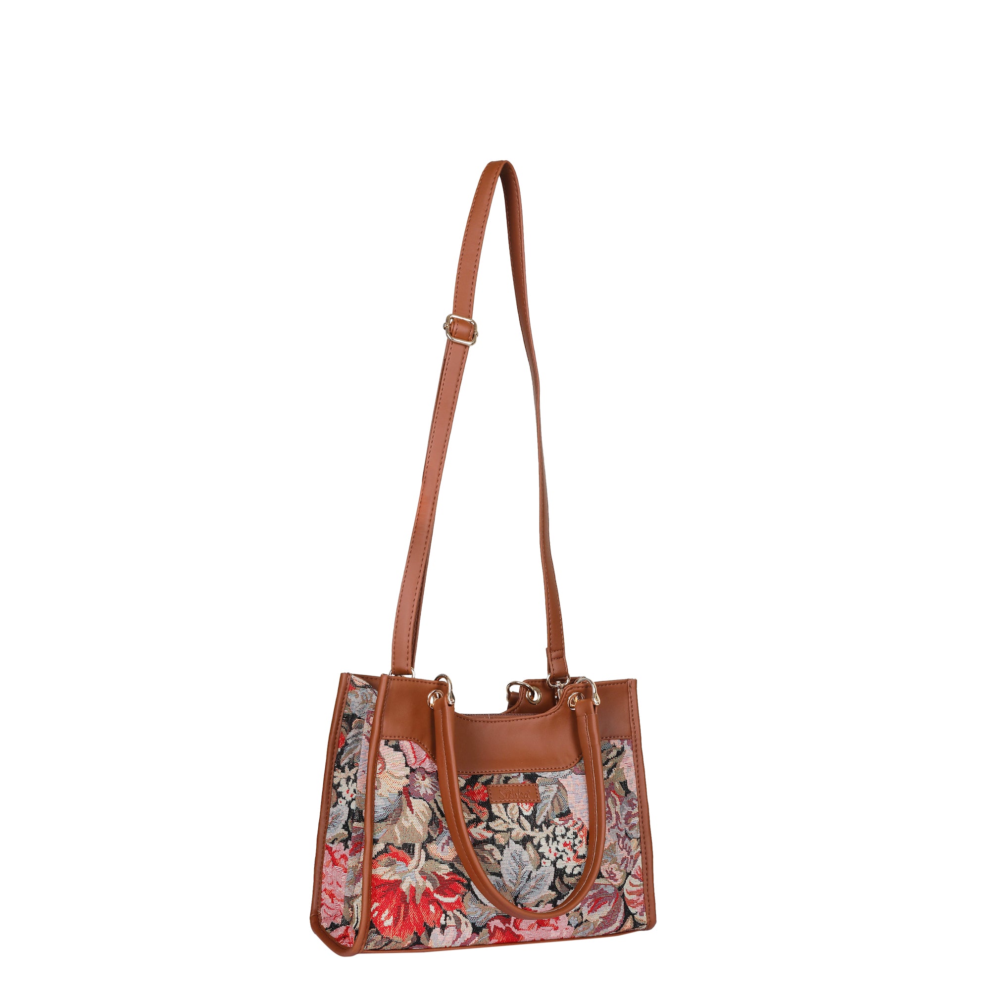 Women’s Floral Tapestry Satchel Bag Crossbody Shoulder Handbag with Top Handle Vegan Leather Trim for Office & Travel