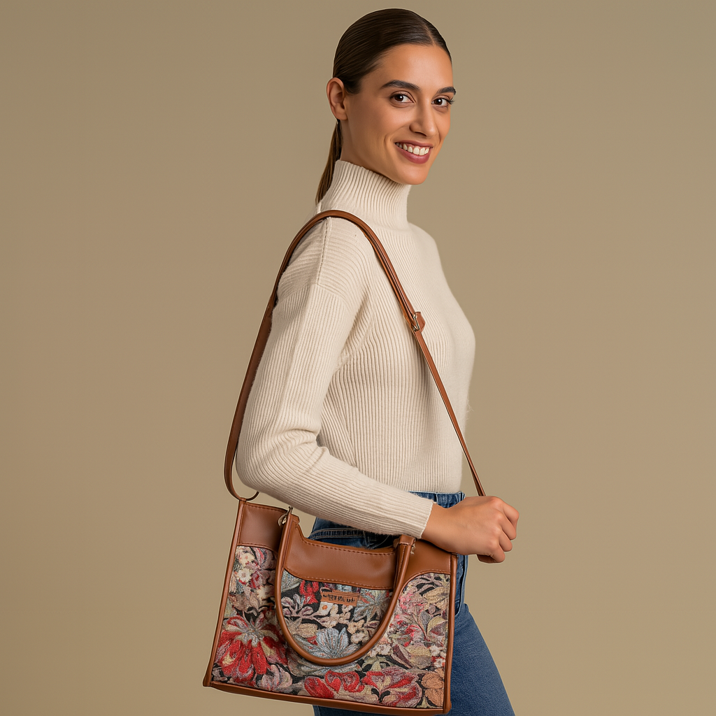 Women’s Floral Tapestry Satchel Bag Crossbody Shoulder Handbag with Top Handle Vegan Leather Trim for Office & Travel