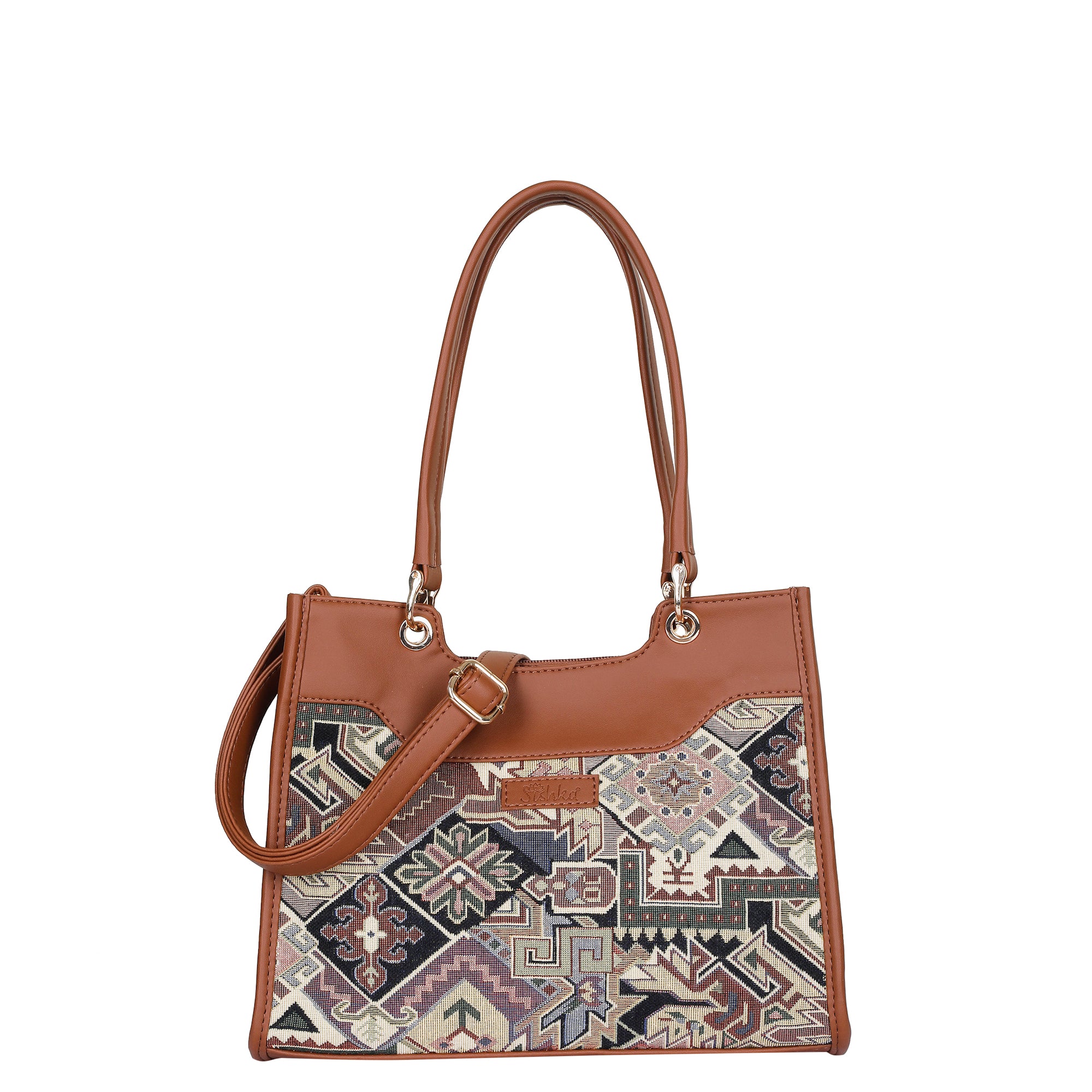 Ladies' Tapestry Satchel Crossbody Bag Geometric Pattern Shoulder Handbag with Vegan Leather Trim for Work & Travel