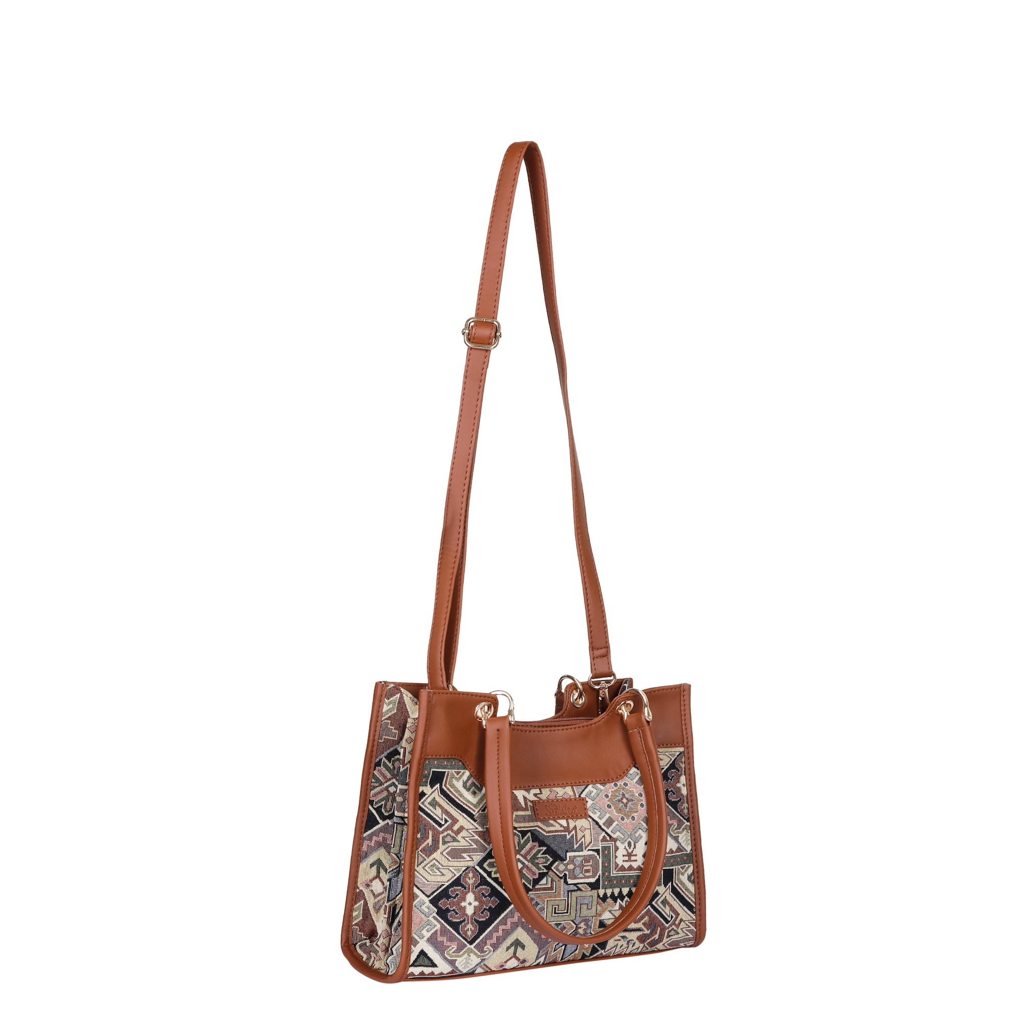 Ladies' Tapestry Satchel Crossbody Bag Geometric Pattern Shoulder Handbag with Vegan Leather Trim for Work & Travel