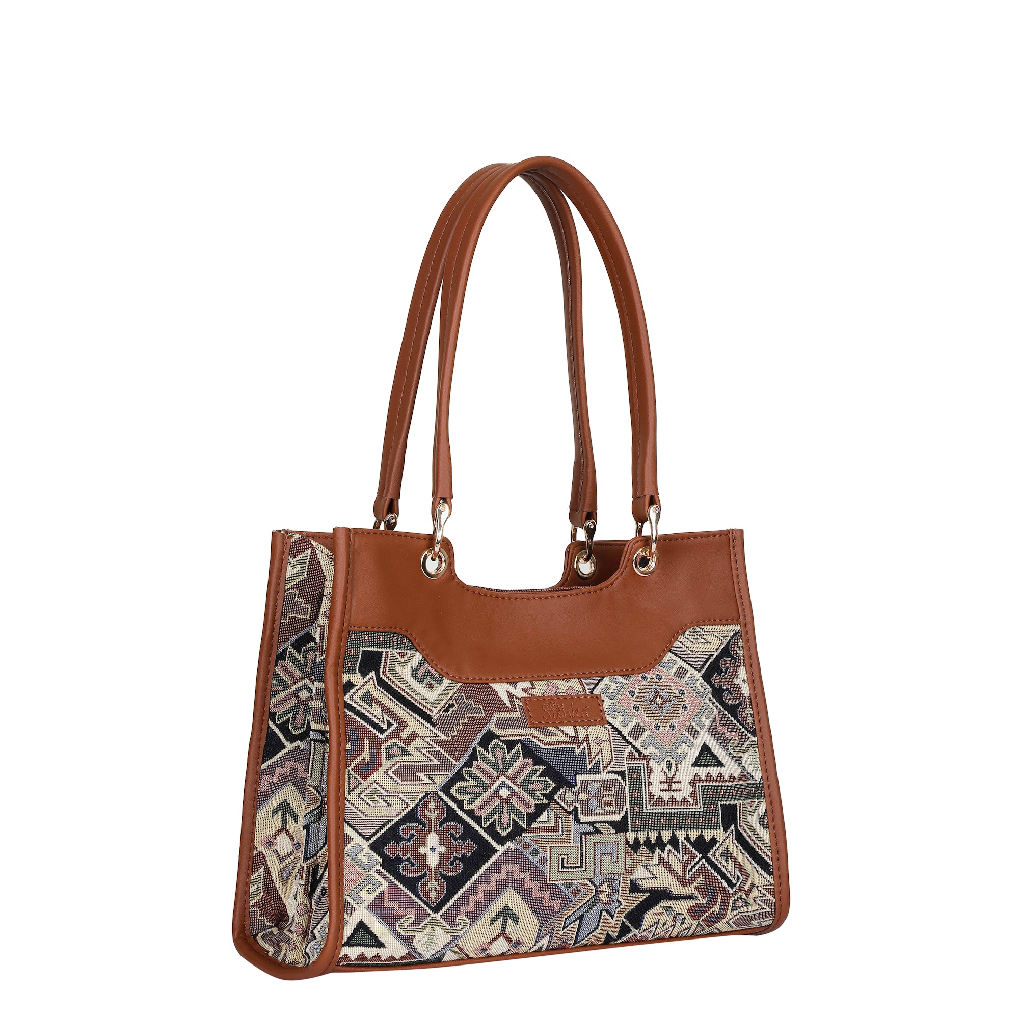Ladies' Tapestry Satchel Crossbody Bag Geometric Pattern Shoulder Handbag with Vegan Leather Trim for Work & Travel