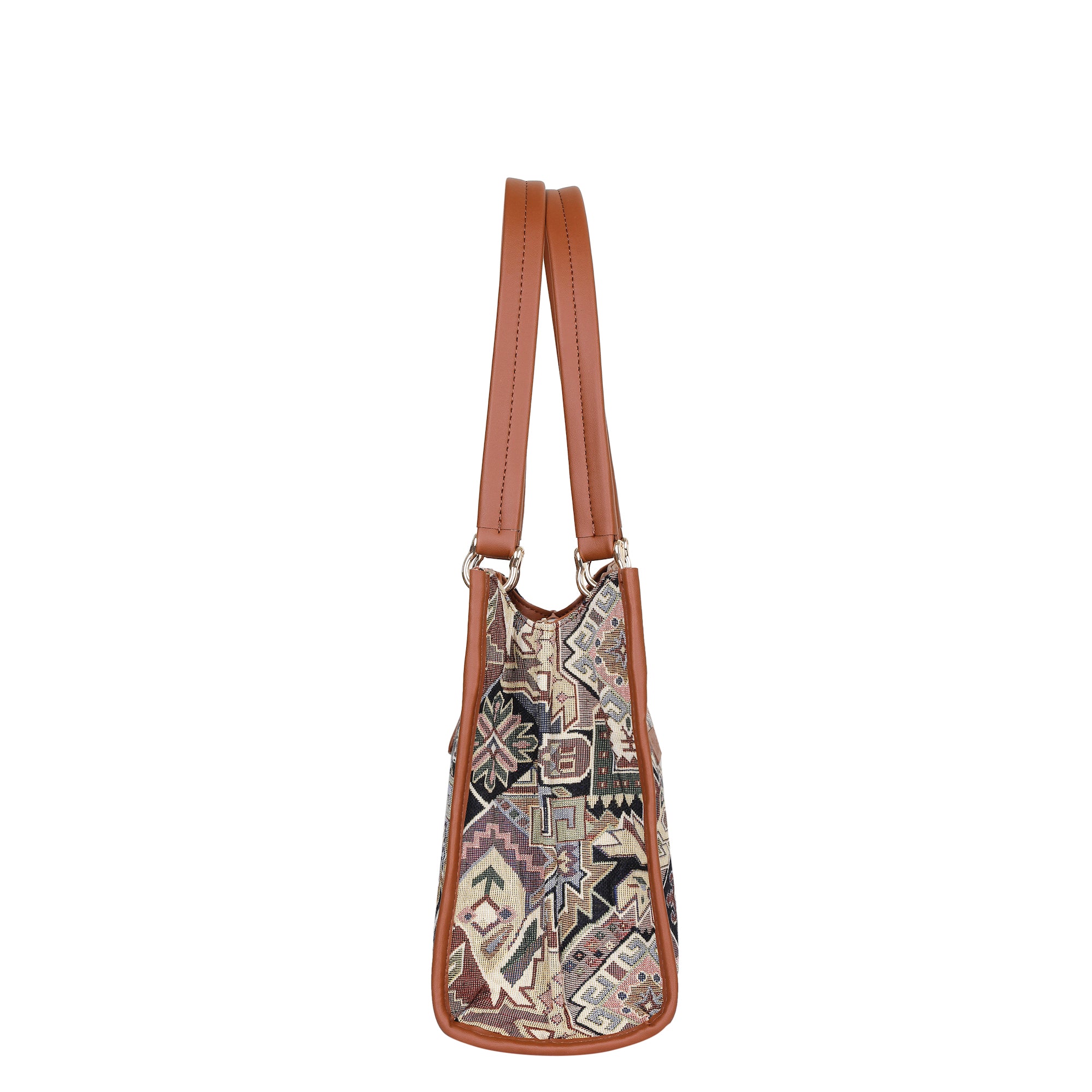 Ladies' Tapestry Satchel Crossbody Bag Geometric Pattern Shoulder Handbag with Vegan Leather Trim for Work & Travel
