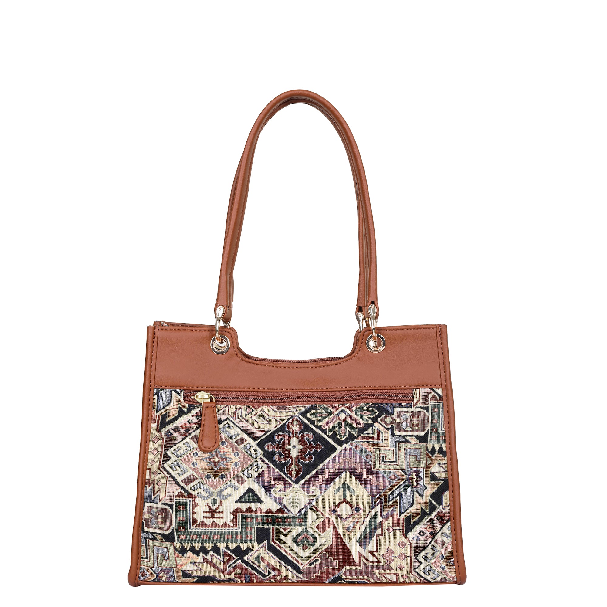 Ladies' Tapestry Satchel Crossbody Bag Geometric Pattern Shoulder Handbag with Vegan Leather Trim for Work & Travel