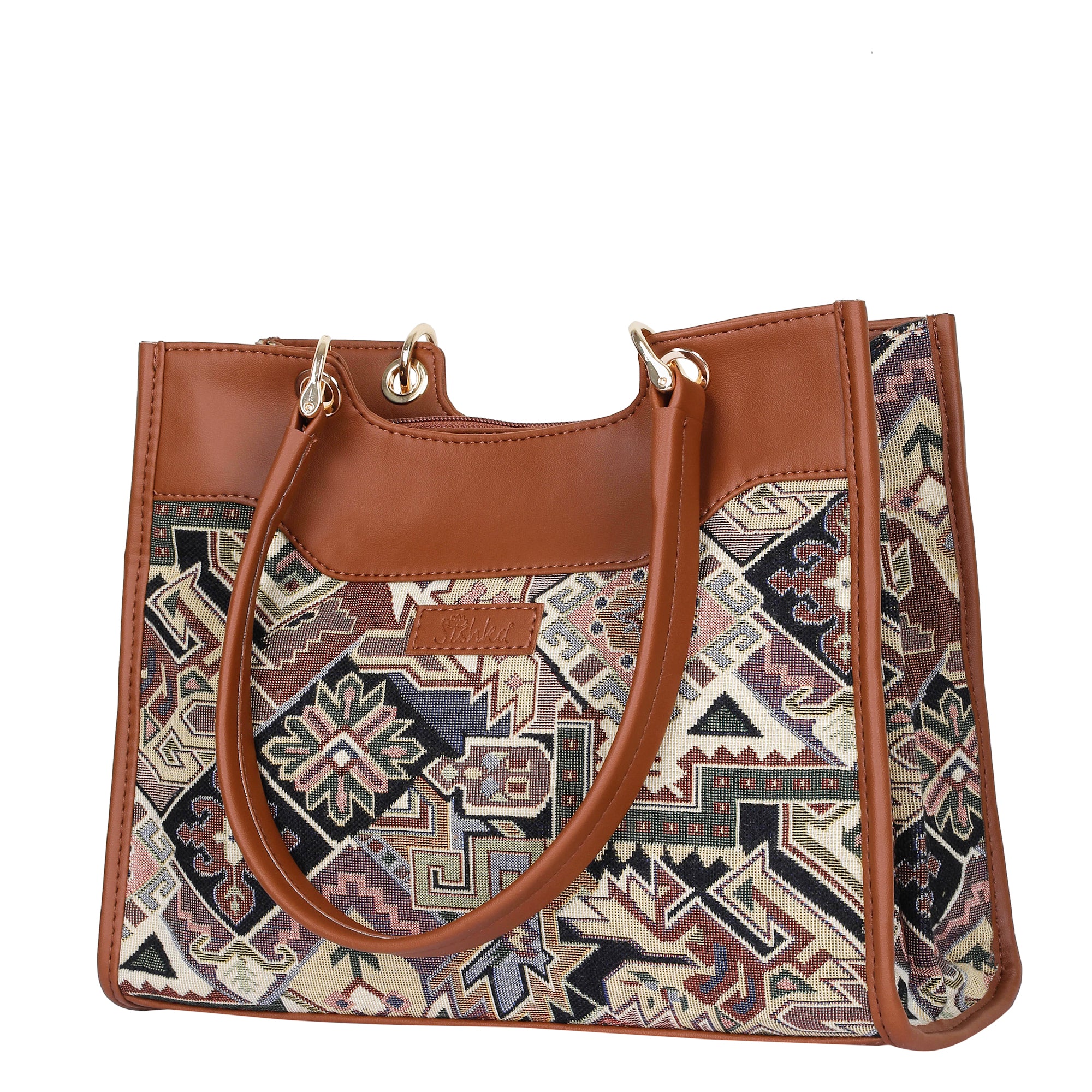 Ladies' Tapestry Satchel Crossbody Bag Geometric Pattern Shoulder Handbag with Vegan Leather Trim for Work & Travel