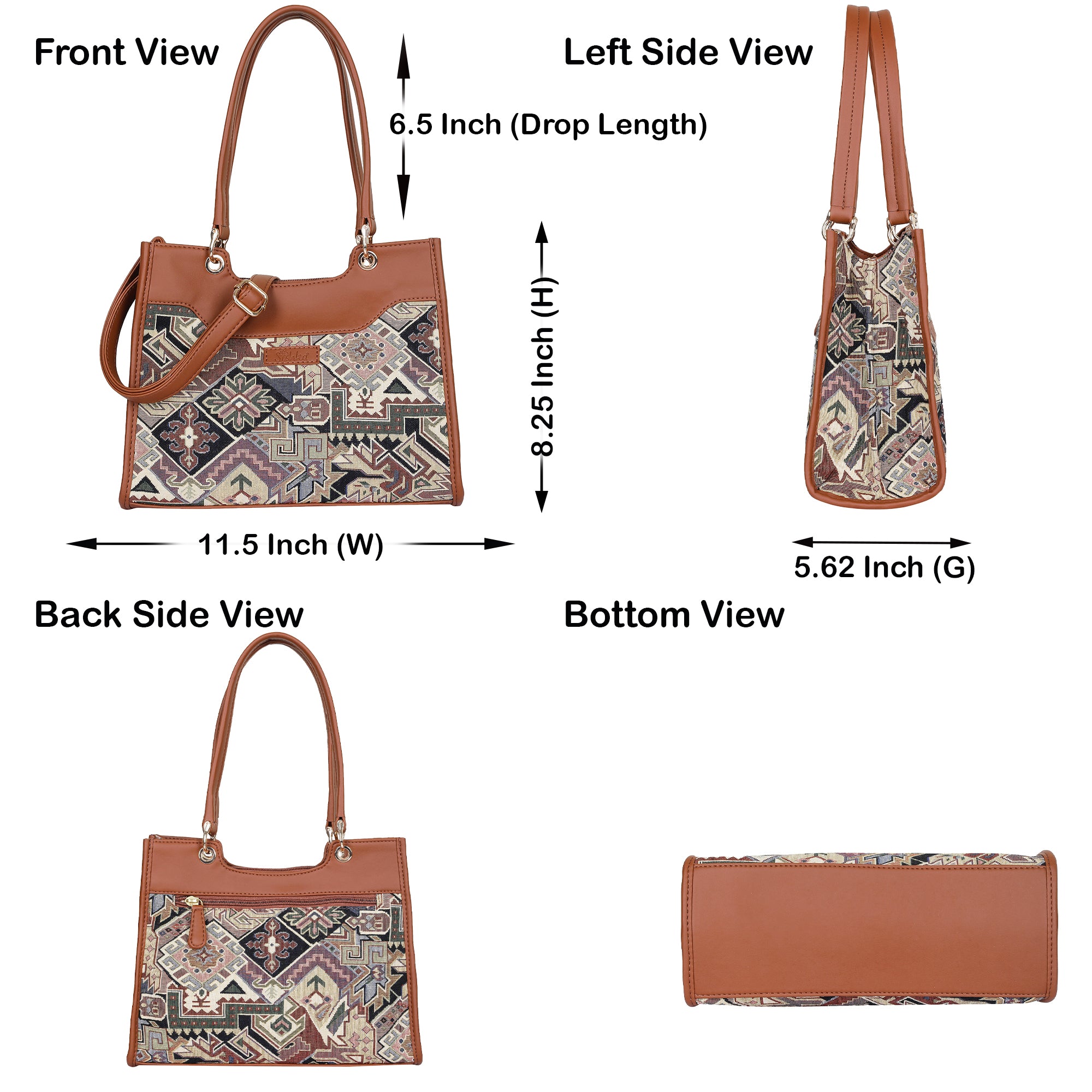 Ladies' Tapestry Satchel Crossbody Bag Geometric Pattern Shoulder Handbag with Vegan Leather Trim for Work & Travel