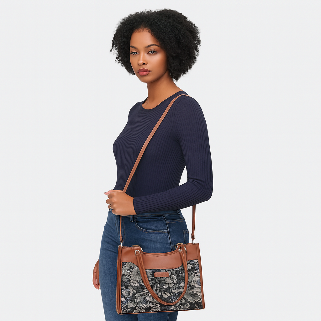 Women’s Tapestry Satchel Bag Vintage Pattern Crossbody Handbag with Vegan Leather Trim for Daily Use