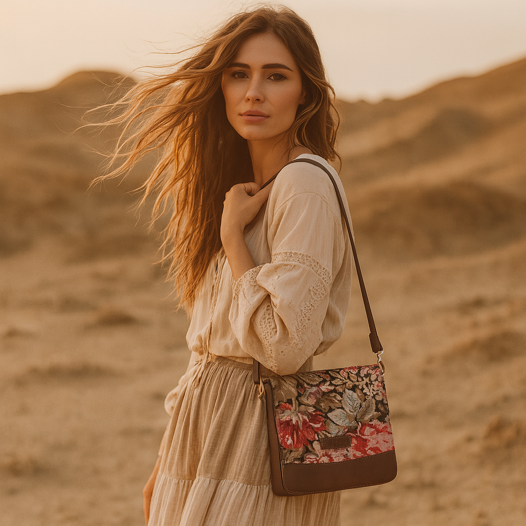 Sishka Floral Design Tapestry Fabric Crossbody Sling Bag for Women – Fashionable Messenger & Shoulder Purse with Leather Trim and Detachable Strap for Travel & Outings