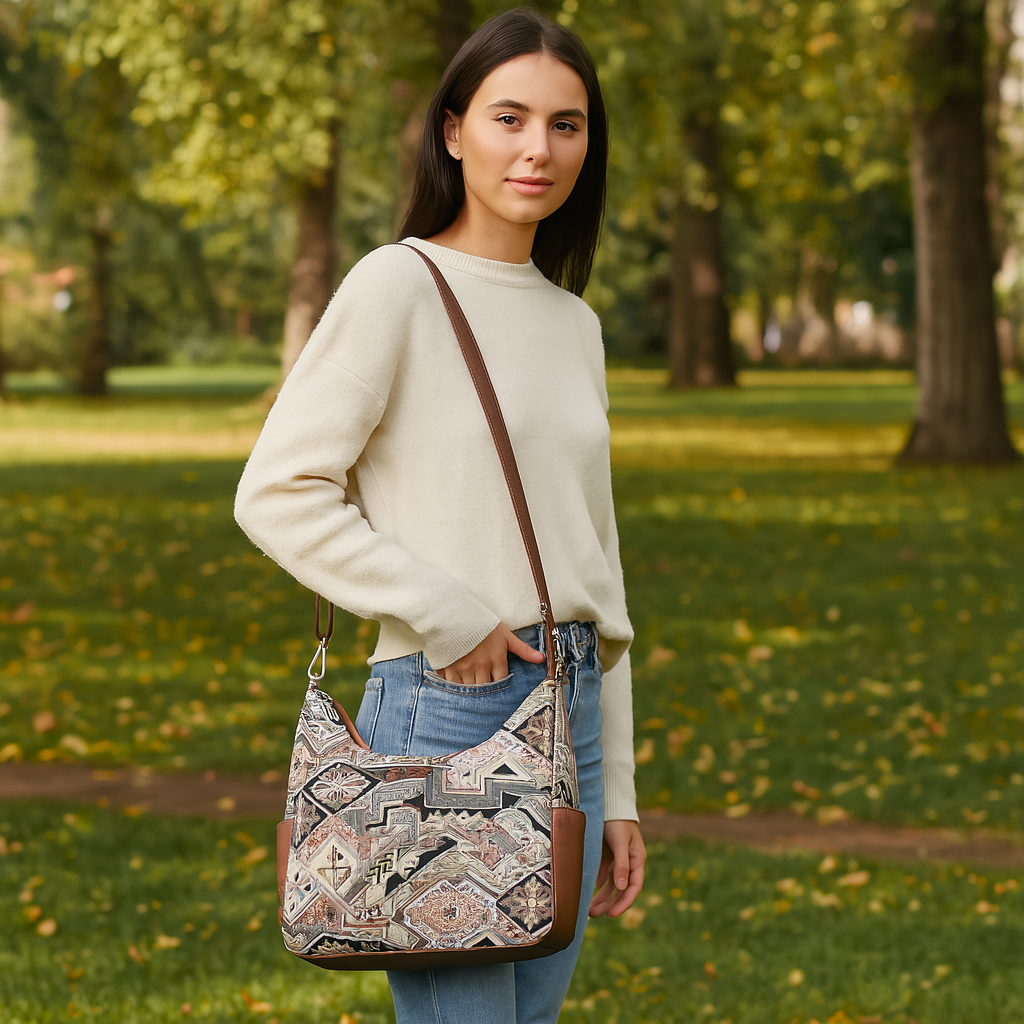 Sishka Women’s Hobo Bag in Geometric Tapestry Pattern with Leather Trim |Crossbody & Shoulder Purse for Office