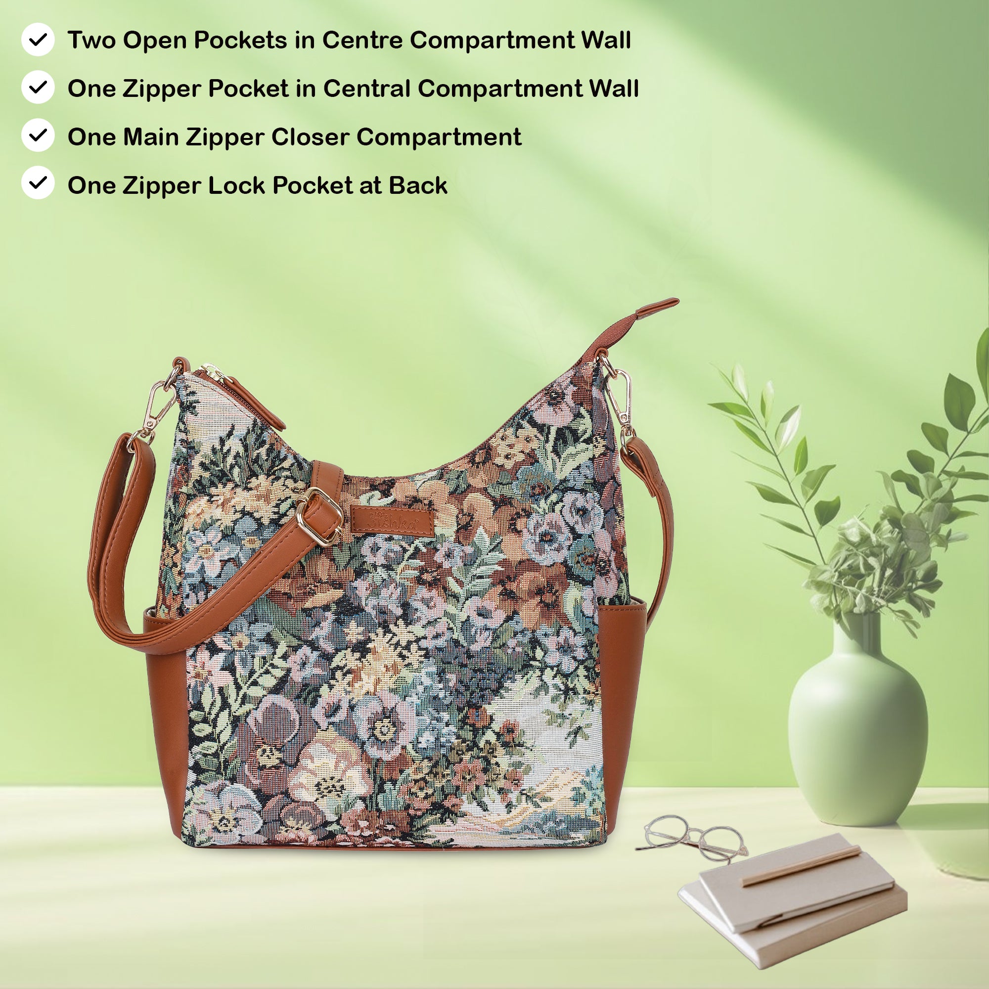 Women’s Botanical Tapestry Hobo Bag – Elegant Vegan Leather-Trimmed Shoulder & Crossbody Purse for Casual Use