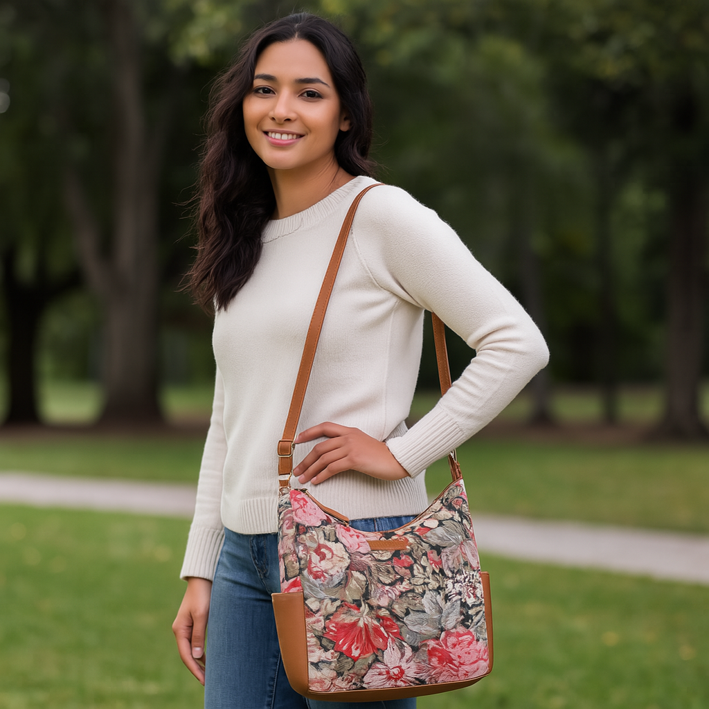 Ladies’ Floral Tapestry Hobo Bag – Stylish Vegan Leather-Trimmed Shoulder & Crossbody Purse for Everyday Essentials
