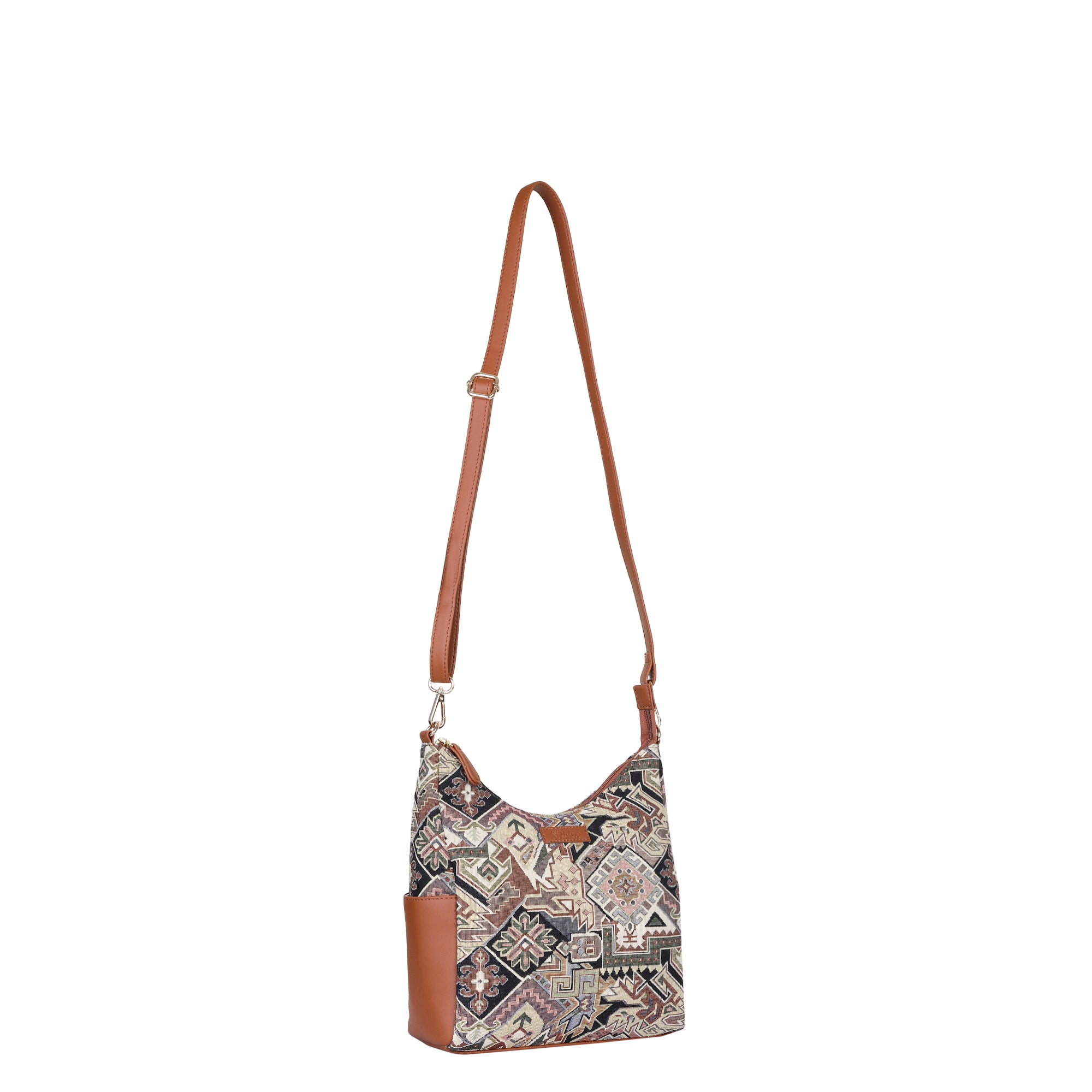 Ladies’ Geometric Tapestry Hobo Bag – Stylish Vegan Leather Trim Shoulder & Crossbody Purse for Office & Daily Outings