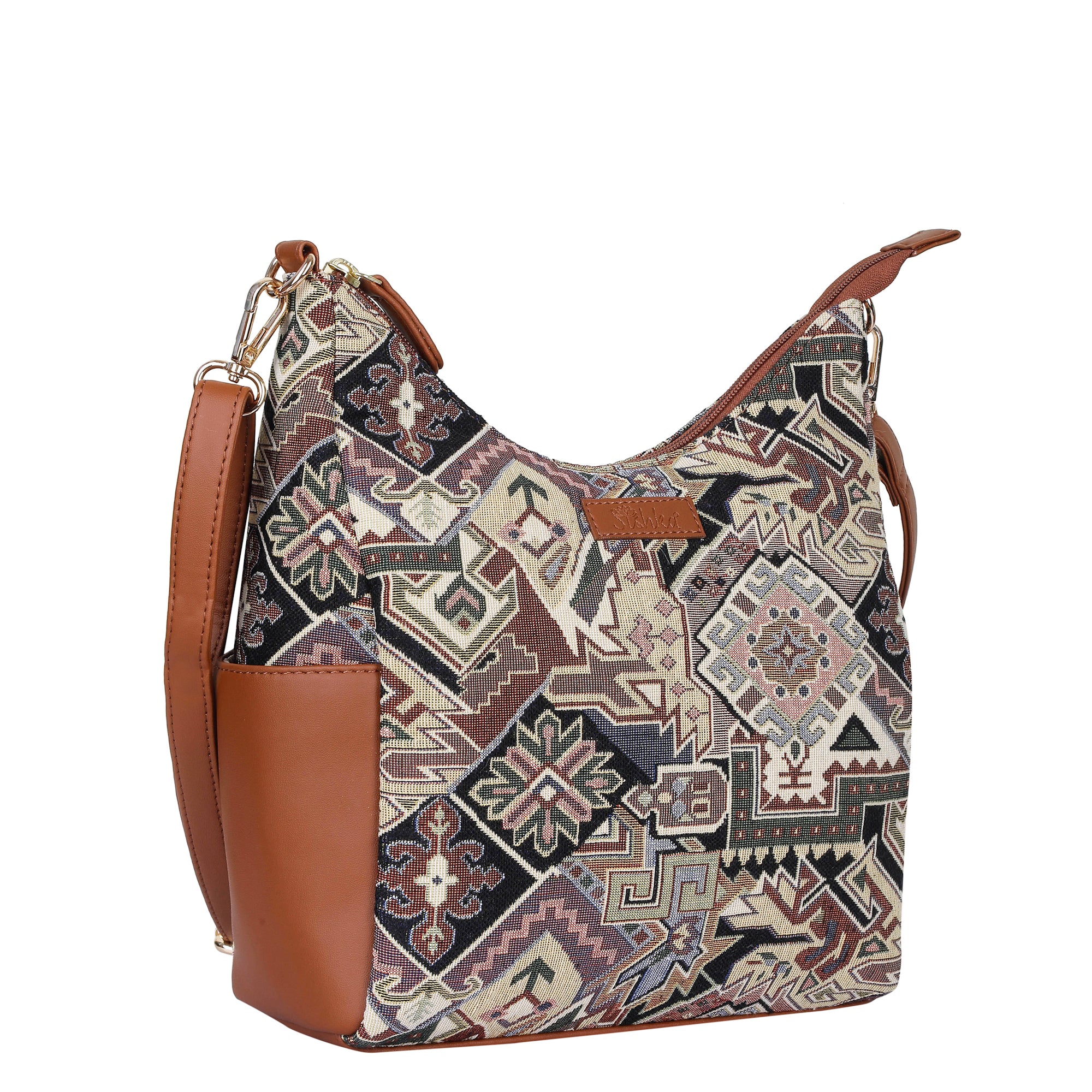 Ladies’ Geometric Tapestry Hobo Bag – Stylish Vegan Leather Trim Shoulder & Crossbody Purse for Office & Daily Outings