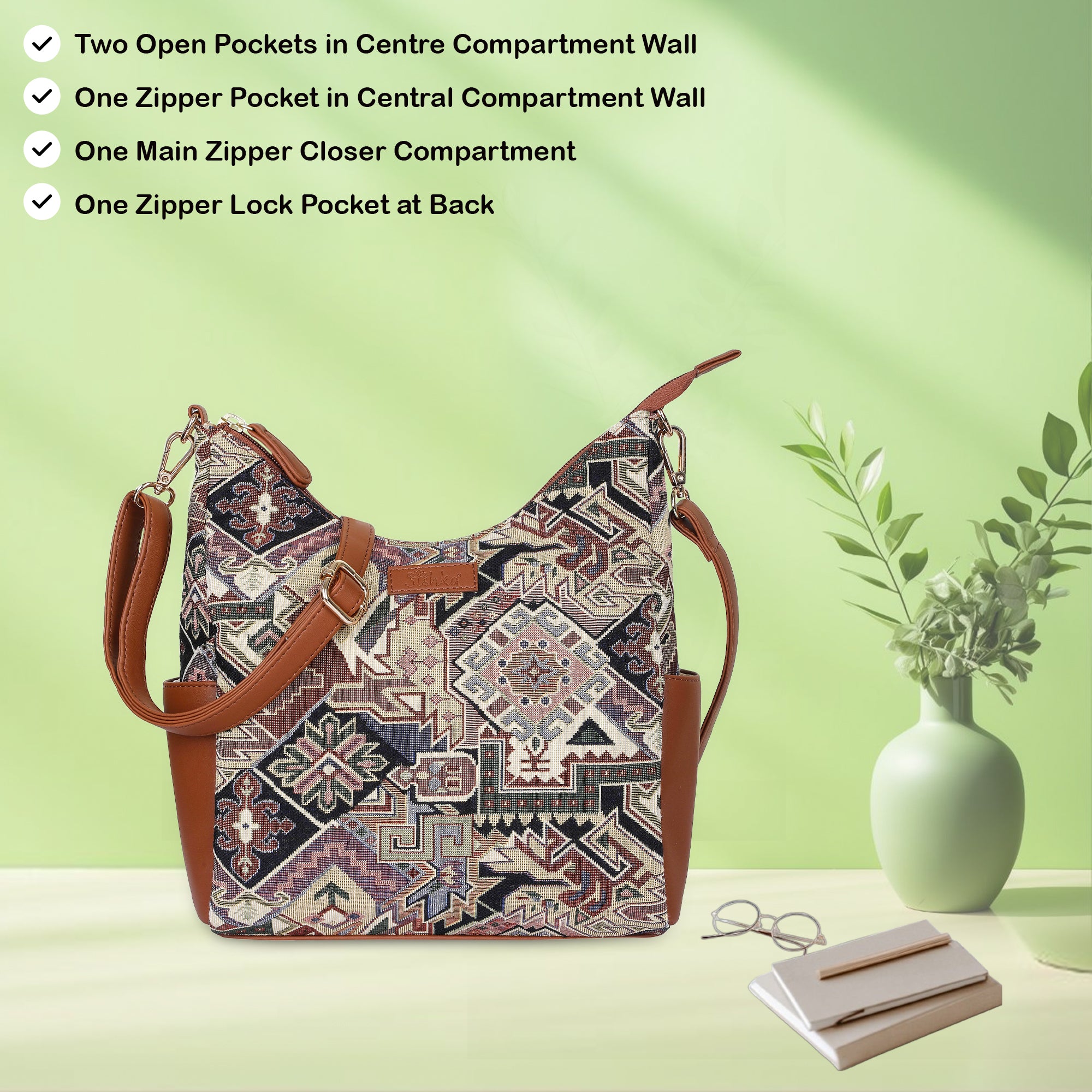 Ladies’ Geometric Tapestry Hobo Bag – Stylish Vegan Leather Trim Shoulder & Crossbody Purse for Office & Daily Outings