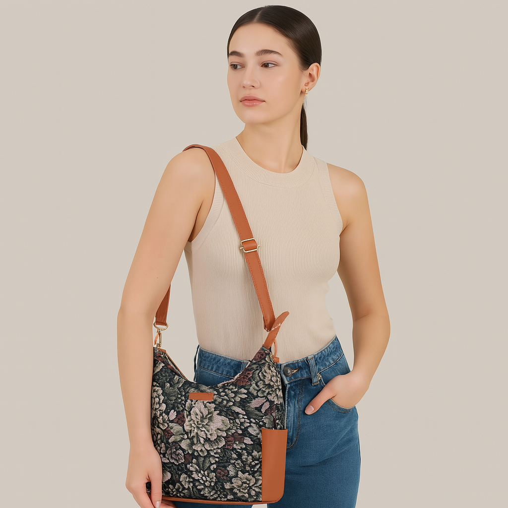 Women’s Hobo Bag in Vintage Tapestry Fabric – Vegan Leather-Trimmed Crossbody & Shoulder Purse for Travel & Daily Use