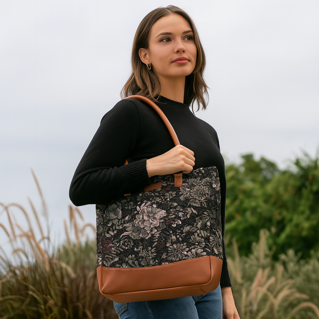 Tapestry Tote Bag in Vintage Design – Vegan Leather-Trimmed Women's Top Handle Shoulder Handbag for Daily Use