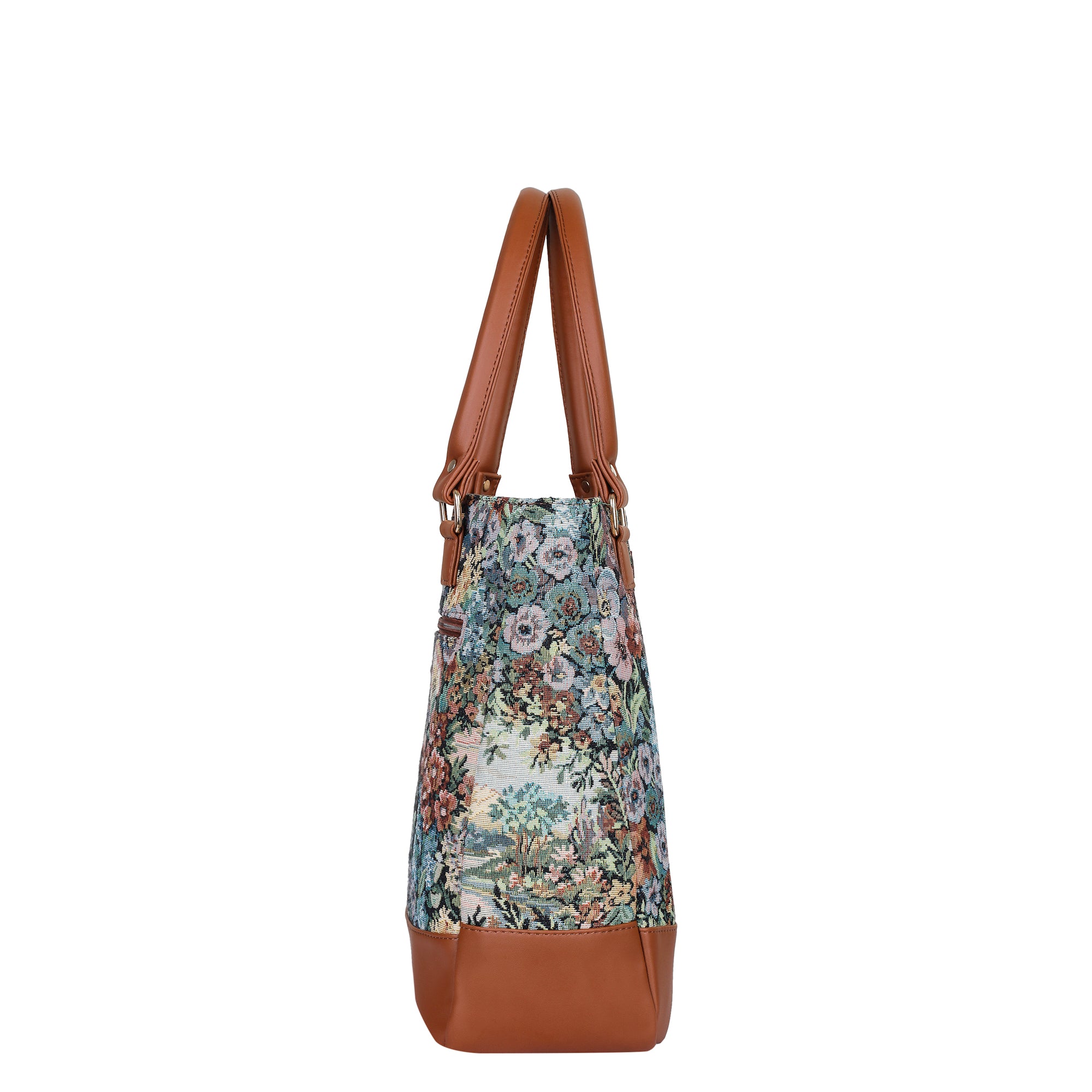 Women’s Botanical Pattern Tapestry Shoulder Tote Bag – Top Handle Handbag with Vegan Leather Trim for Office & Travel