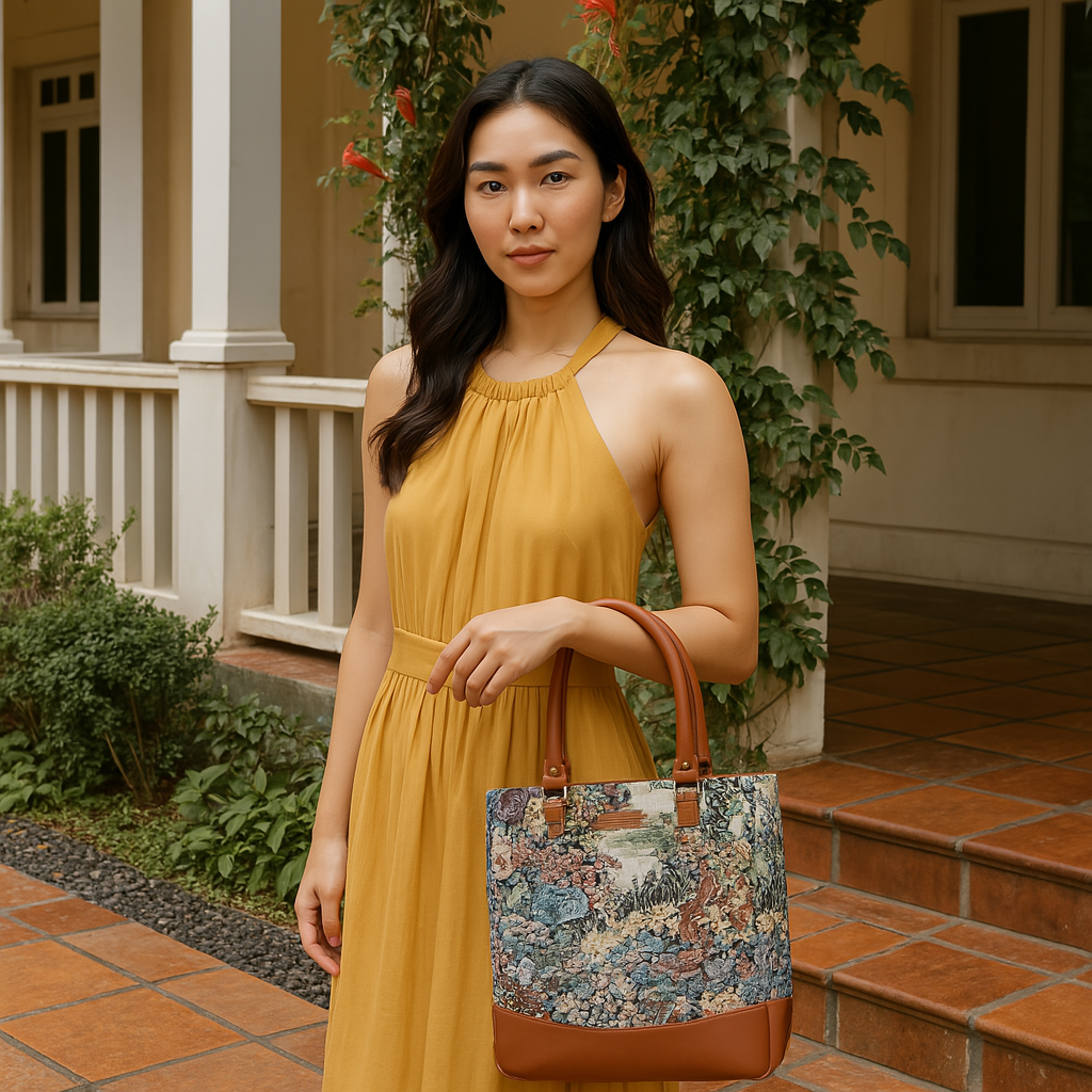 Women’s Botanical Pattern Tapestry Shoulder Tote Bag – Top Handle Handbag with Vegan Leather Trim for Office & Travel