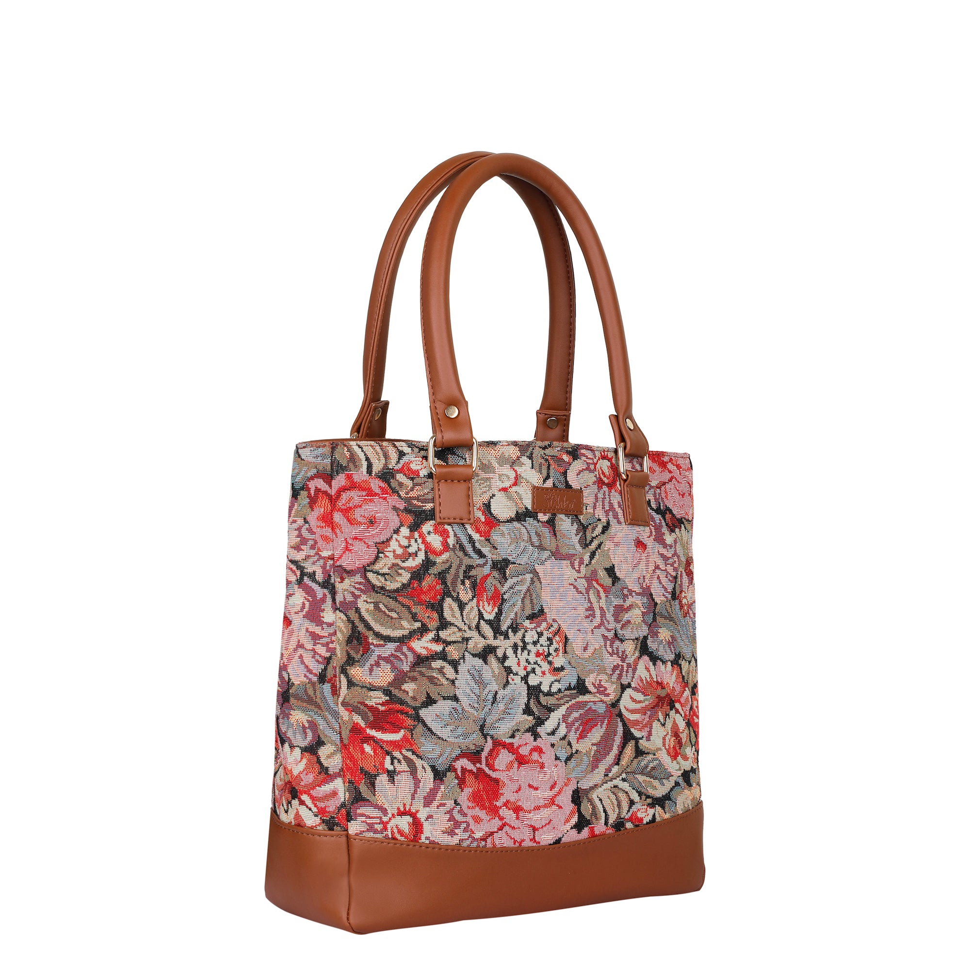 Ladies’ Floral Tapestry Fabric Tote Bag – Shoulder Purse with Top Handle and Vegan Leather Trim for Work & Daily Use