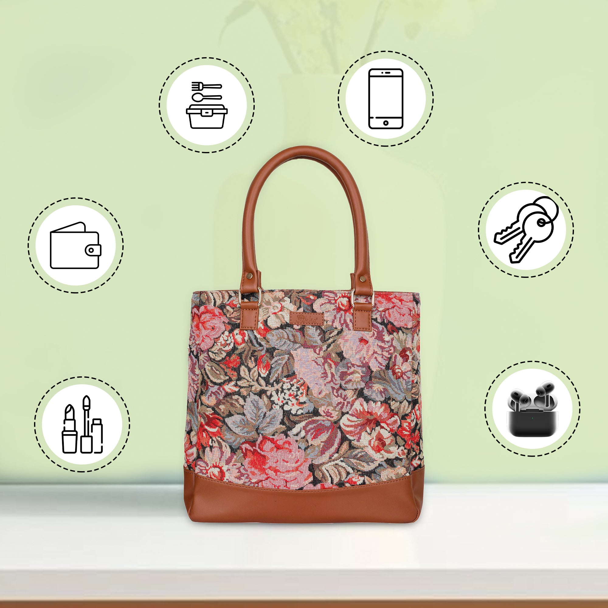 Ladies’ Floral Tapestry Fabric Tote Bag – Shoulder Purse with Top Handle and Vegan Leather Trim for Work & Daily Use