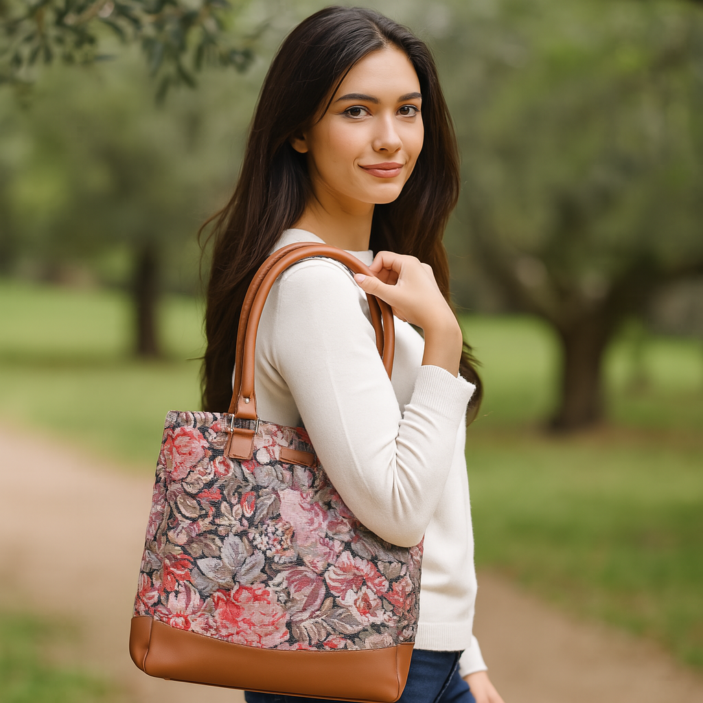 Ladies’ Floral Tapestry Fabric Tote Bag – Shoulder Purse with Top Handle and Vegan Leather Trim for Work & Daily Use