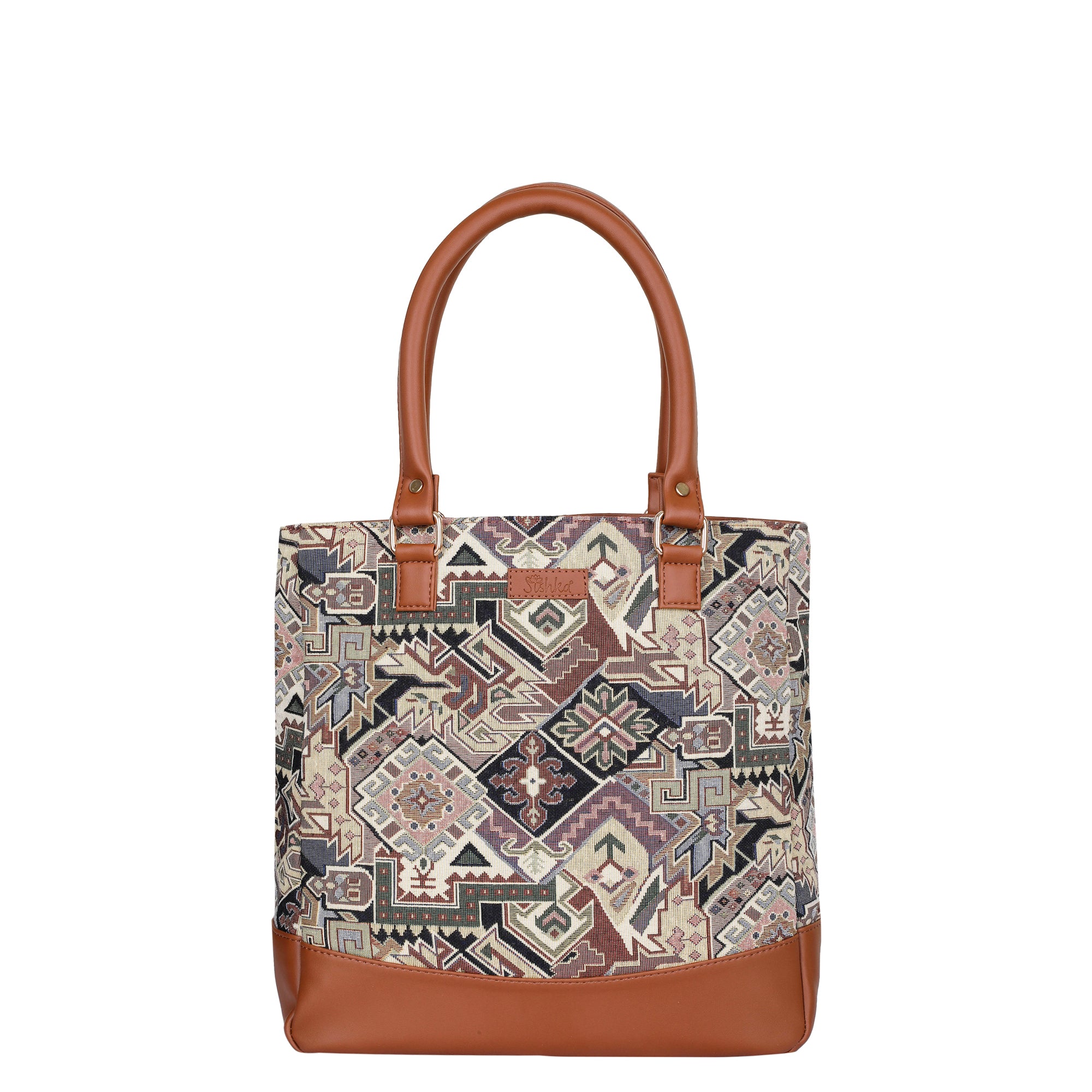 Ladies’ Geometric Tapestry Fabric Tote Bag – Shoulder Purse with Top Handle and Vegan Leather Trim for Everyday Carry