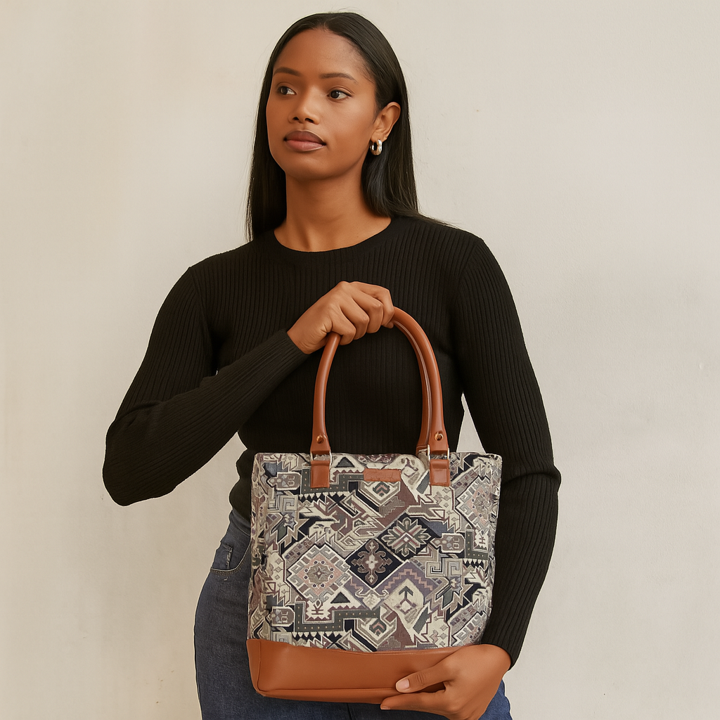 Ladies’ Geometric Tapestry Fabric Tote Bag – Shoulder Purse with Top Handle and Vegan Leather Trim for Everyday Carry
