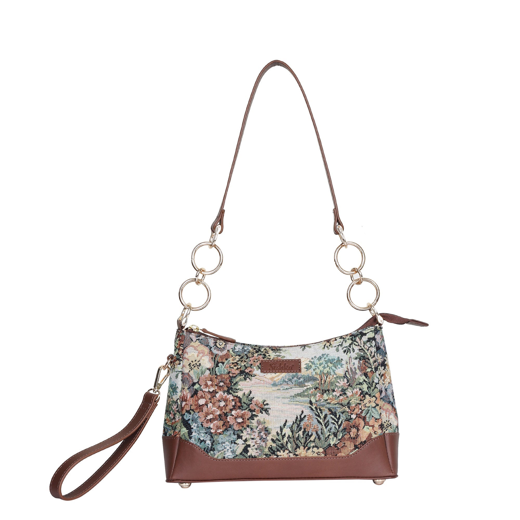 Botanical Tapestry Shoulder Bag for Women – Leather-Accented Tote Sling Purse Satchel