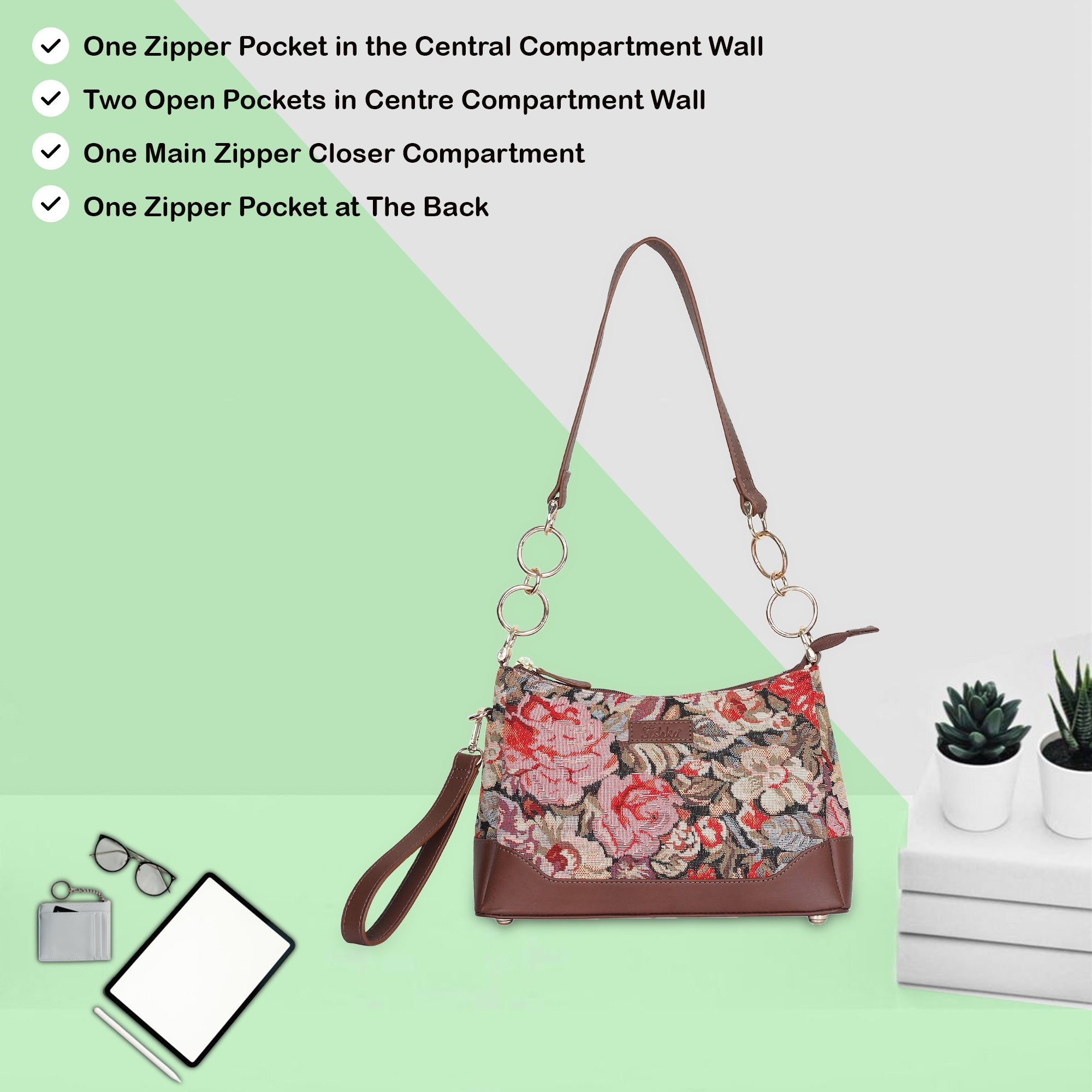Floral Pattern Tapestry Shoulder Bag for Women – Stylish Tote Sling Satchel Purse with Leather Trim