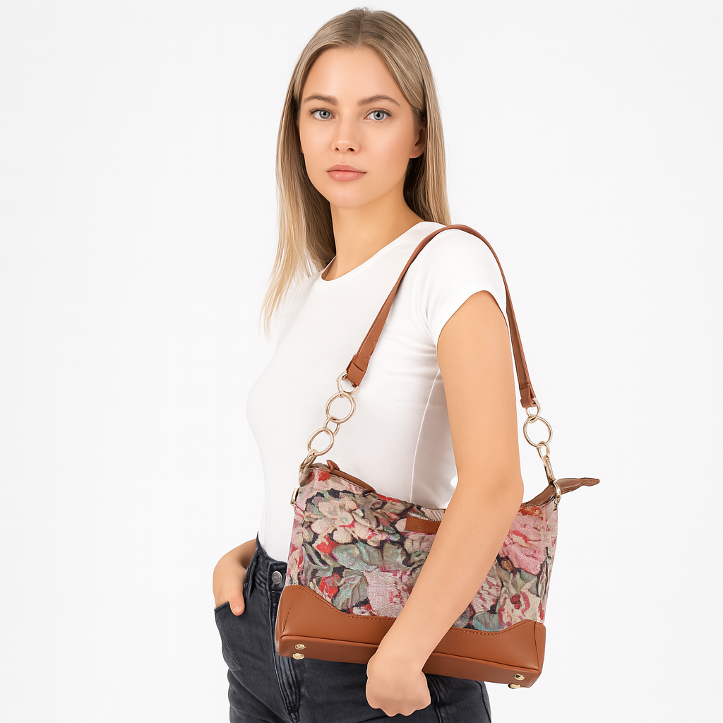 Ladies’ Floral Pattern Tapestry Shoulder Bag – Stylish Tote Bag with Vegan Leather Trim & Sling Satchel Purse for Casual Wear