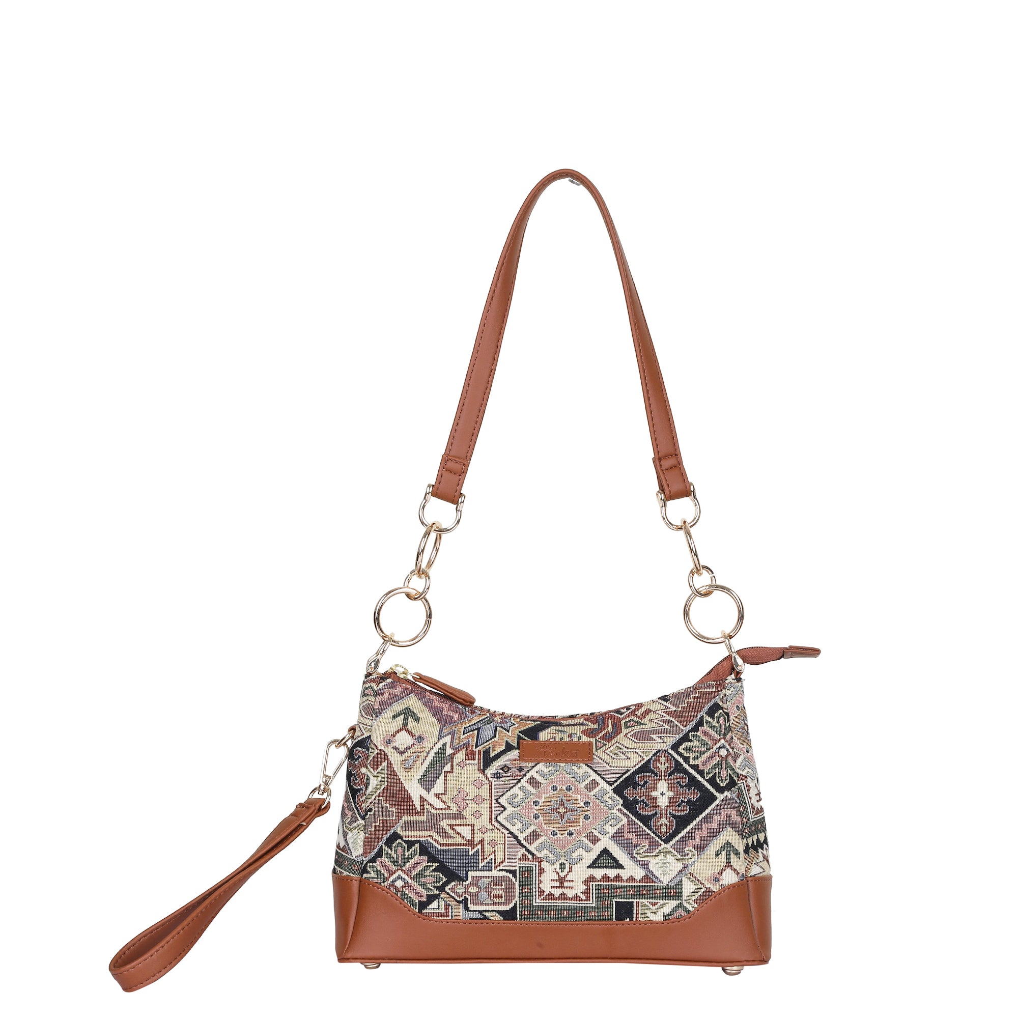 Ladies’ Geometric Tapestry Shoulder Bag – Tote Bag with Vegan Leather Handle & Sling Satchel Purse for Work & Outings