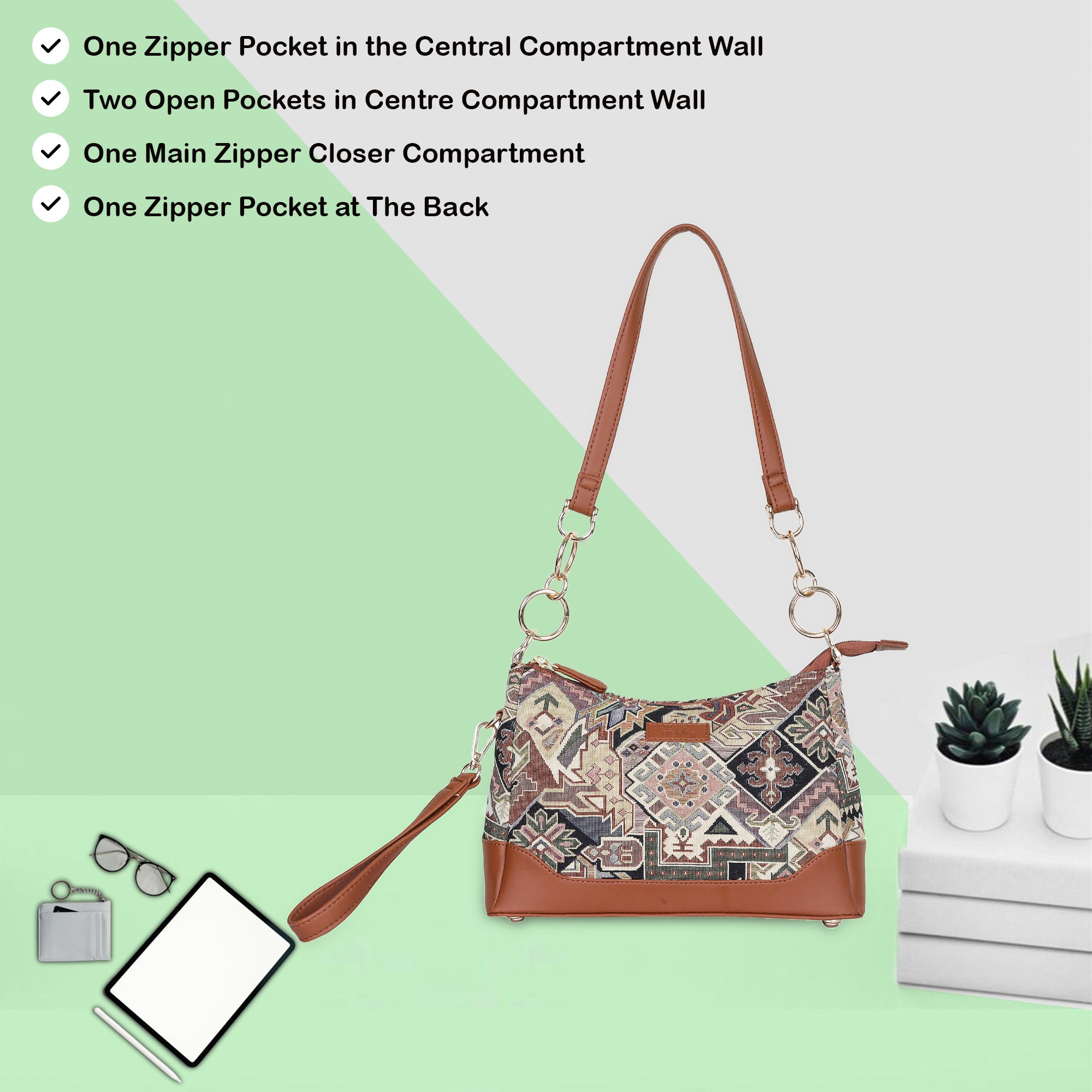 Ladies’ Geometric Tapestry Shoulder Bag – Tote Bag with Vegan Leather Handle & Sling Satchel Purse for Work & Outings