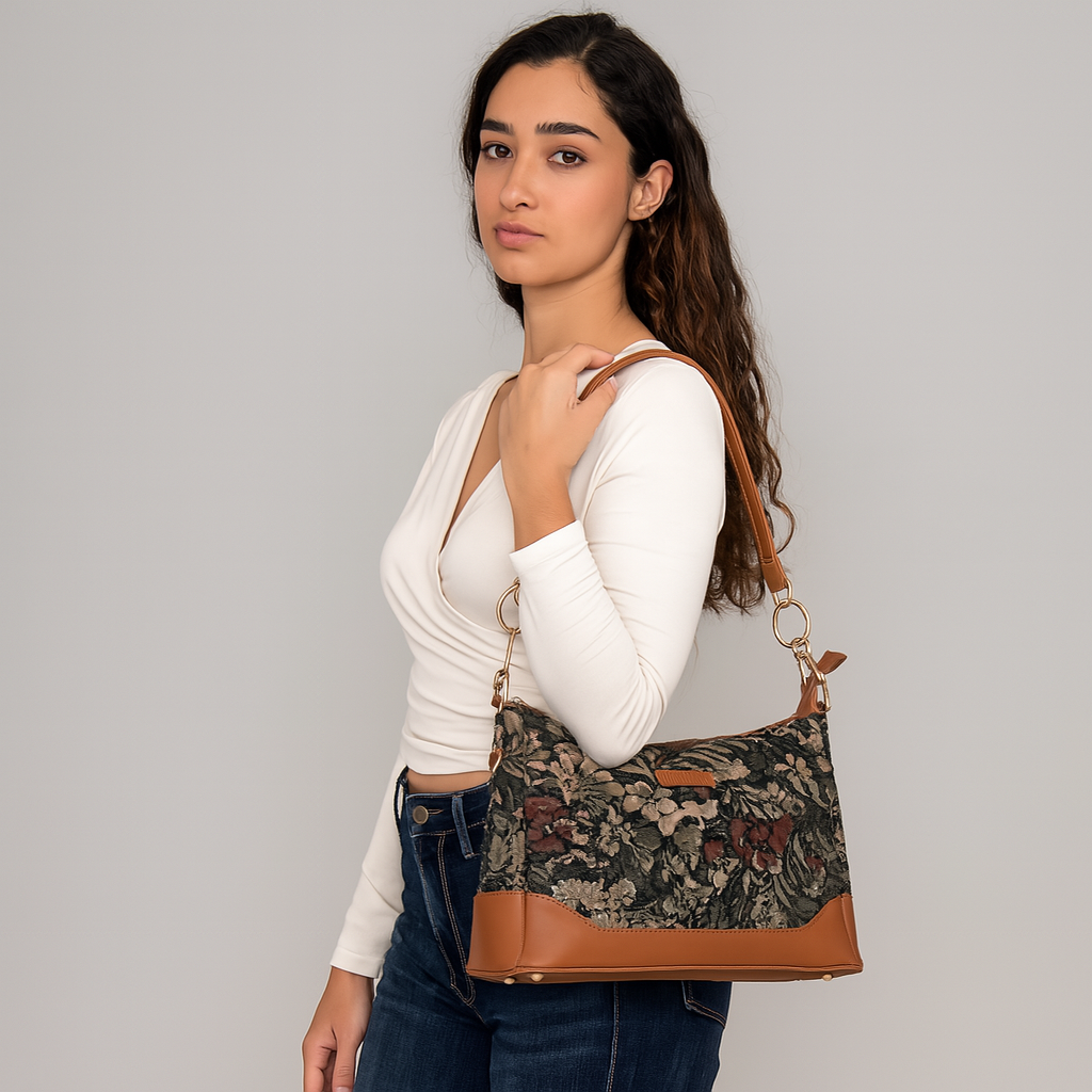 Women’s Tapestry Shoulder Bag in Vintage Pattern – Vegan Leather-Trimmed Tote & Sling Satchel Purse for Office & Daily Use
