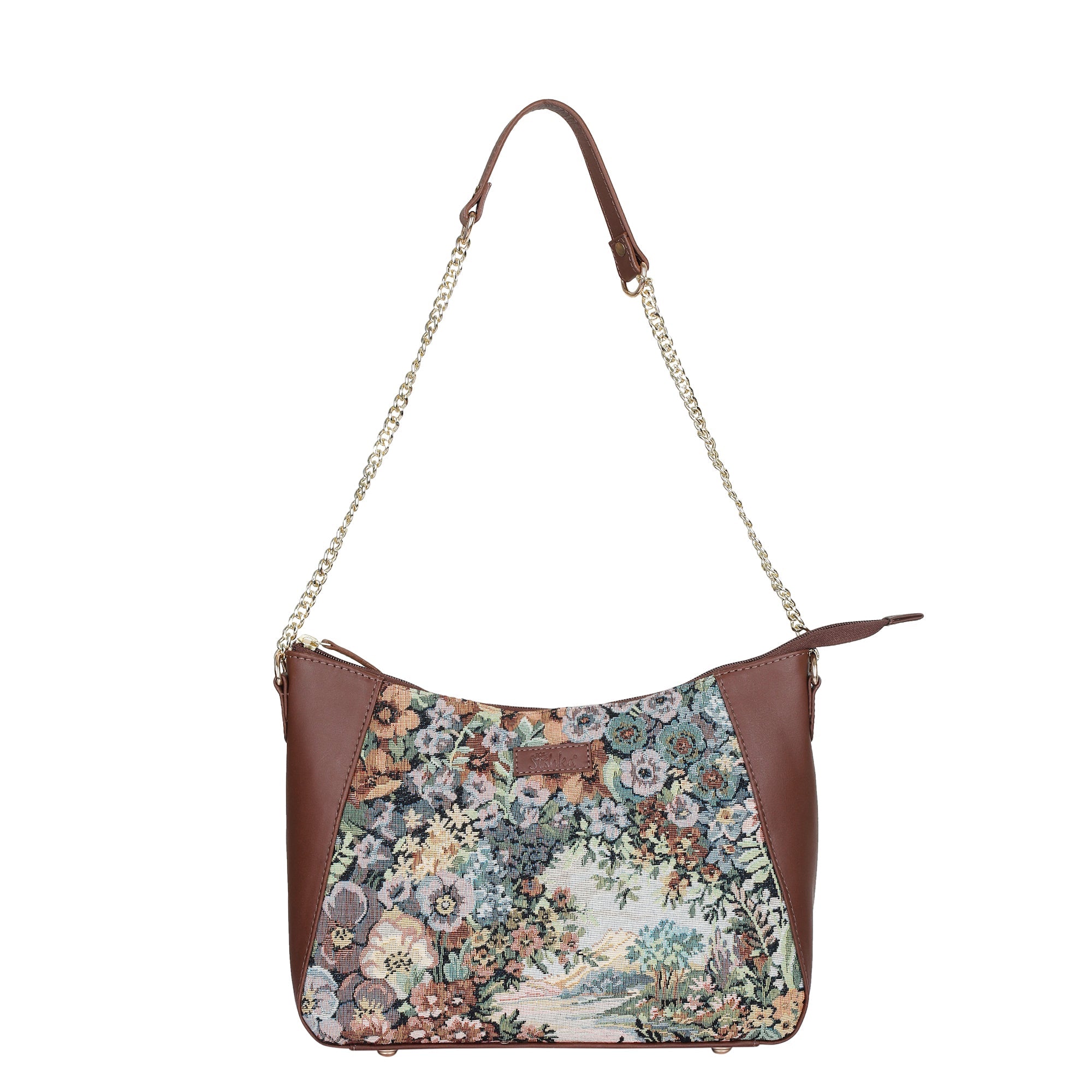 Sishka Women's Botanical Design Tapestry Hobo Bag |Shoulder & Satchel Purse with Leather Trim, Chain Strap for Travel & Casual Use