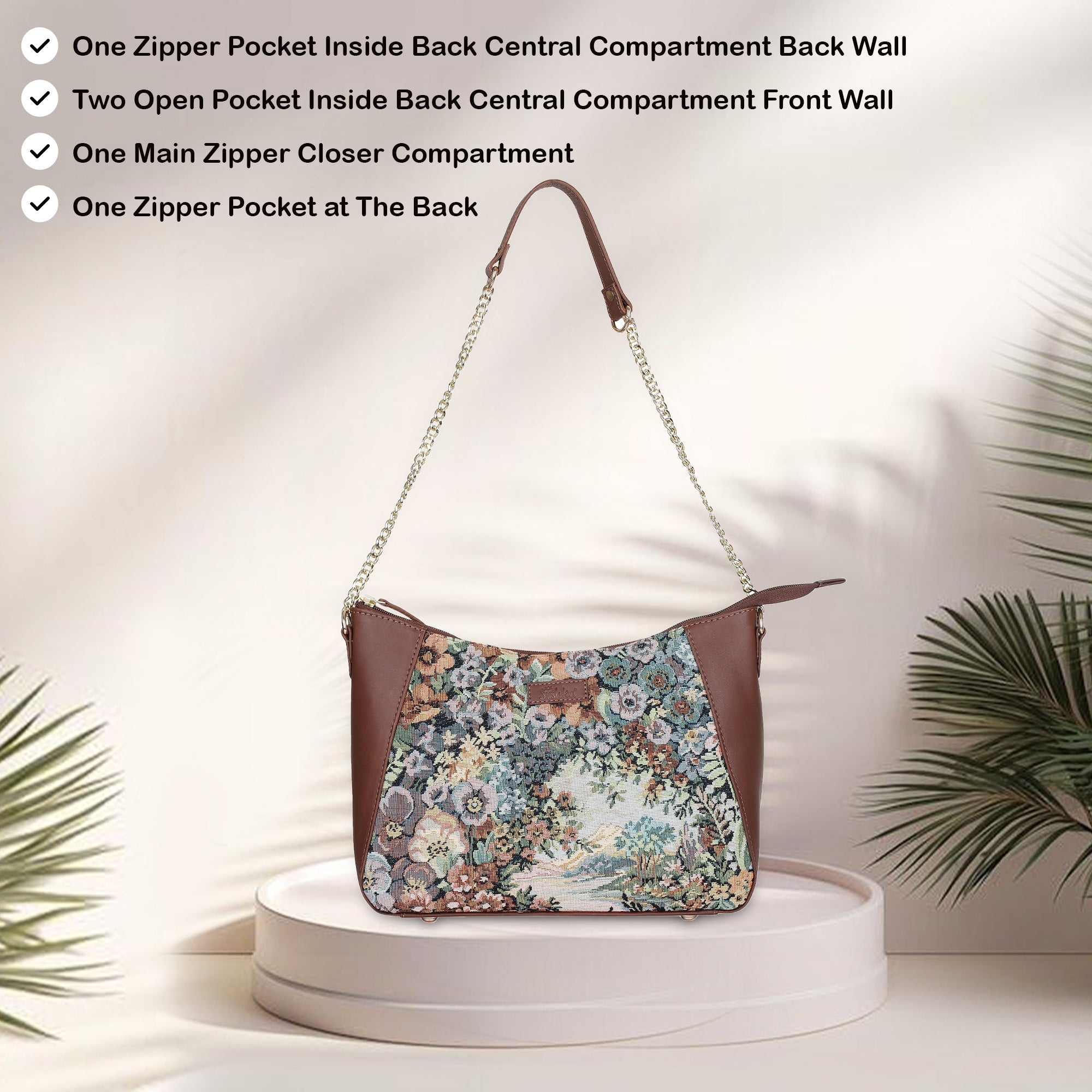 Sishka Women's Botanical Design Tapestry Hobo Bag |Shoulder & Satchel Purse with Leather Trim, Chain Strap for Travel & Casual Use