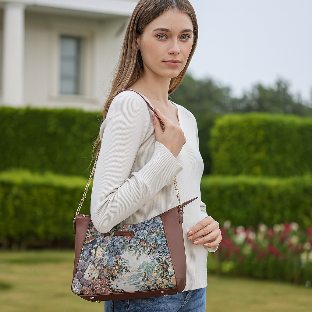 Sishka Women's Botanical Design Tapestry Hobo Bag |Shoulder & Satchel Purse with Leather Trim, Chain Strap for Travel & Casual Use