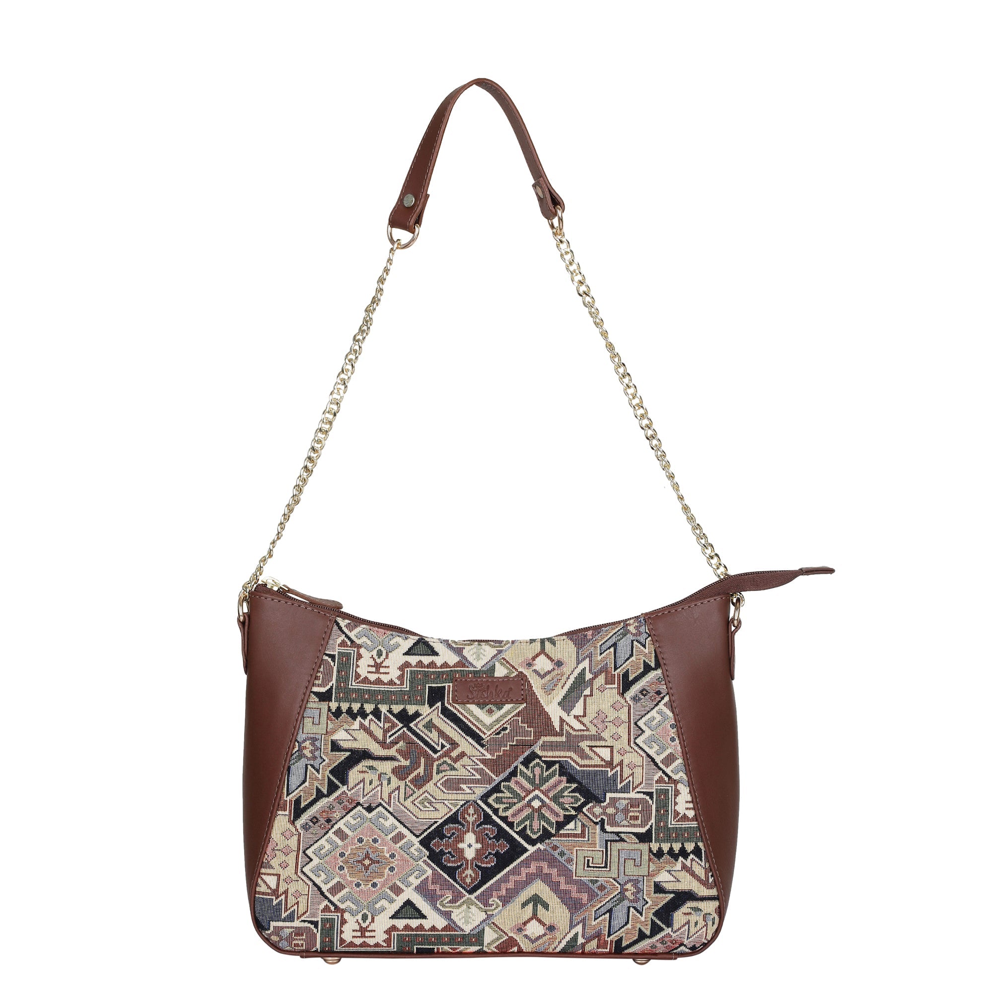 Sishka Geometric Design Tapestry Hobo Bag | Stylish Leather-Trimmed Shoulder & Satchel Bag with Chain Strap for Office & Outings
