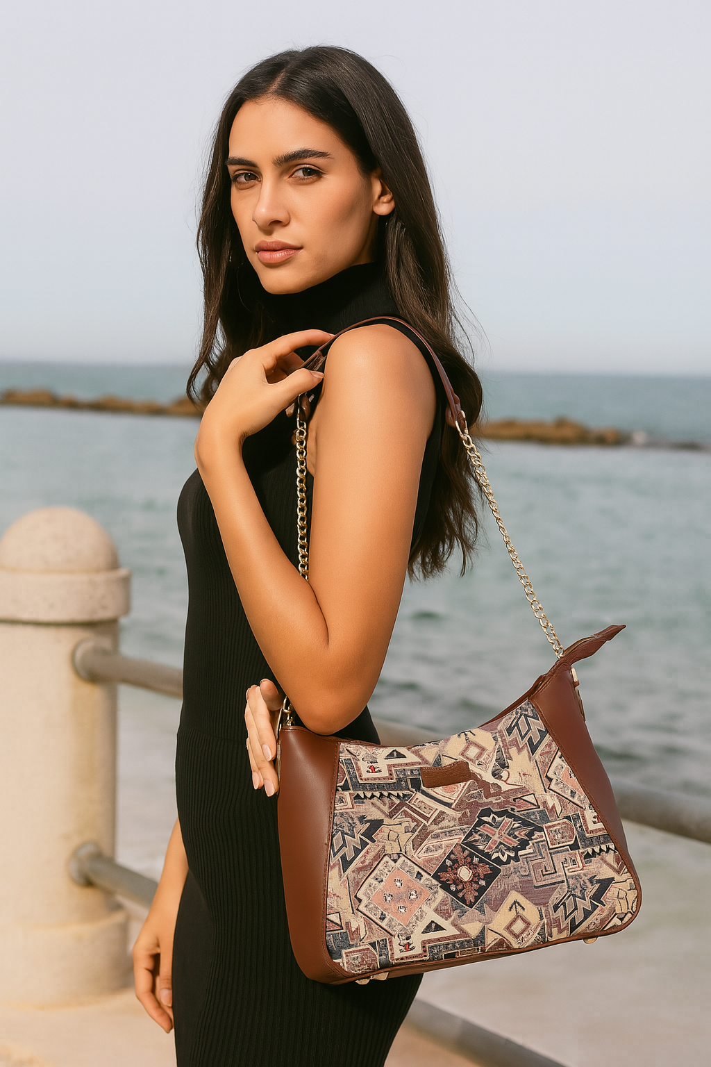 Sishka Geometric Design Tapestry Hobo Bag | Stylish Leather-Trimmed Shoulder & Satchel Bag with Chain Strap for Office & Outings