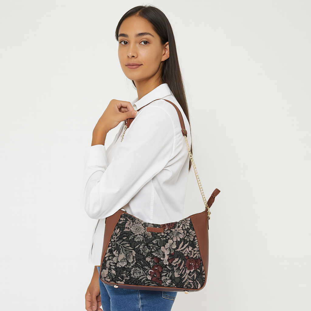 Sishka Women's Hobo Bag in Vintage Pattern Tapestry Fabric | Leather-Trimmed Shoulder & Sling Purse with Chain and Leather Strap for Daily Use