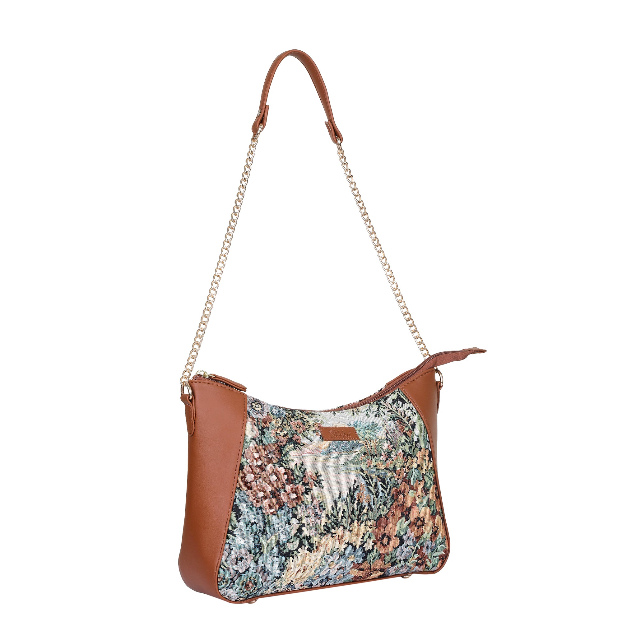 Women’s Botanical Tapestry Hobo Shoulder Bag – Vegan Leather Satchel Purse with Chain Strap & Top Handle for Travel