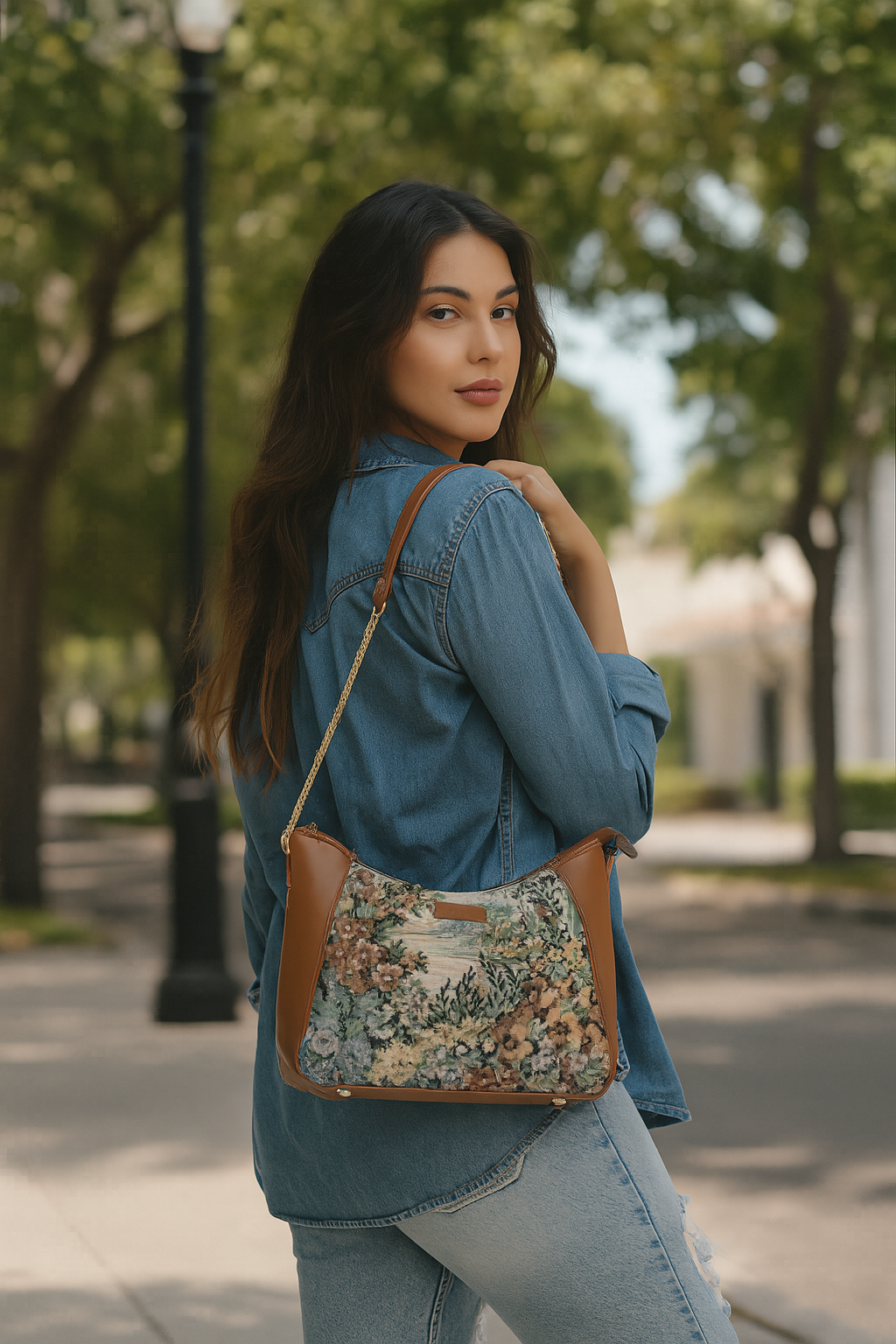 Women’s Botanical Tapestry Hobo Shoulder Bag – Vegan Leather Satchel Purse with Chain Strap & Top Handle for Travel