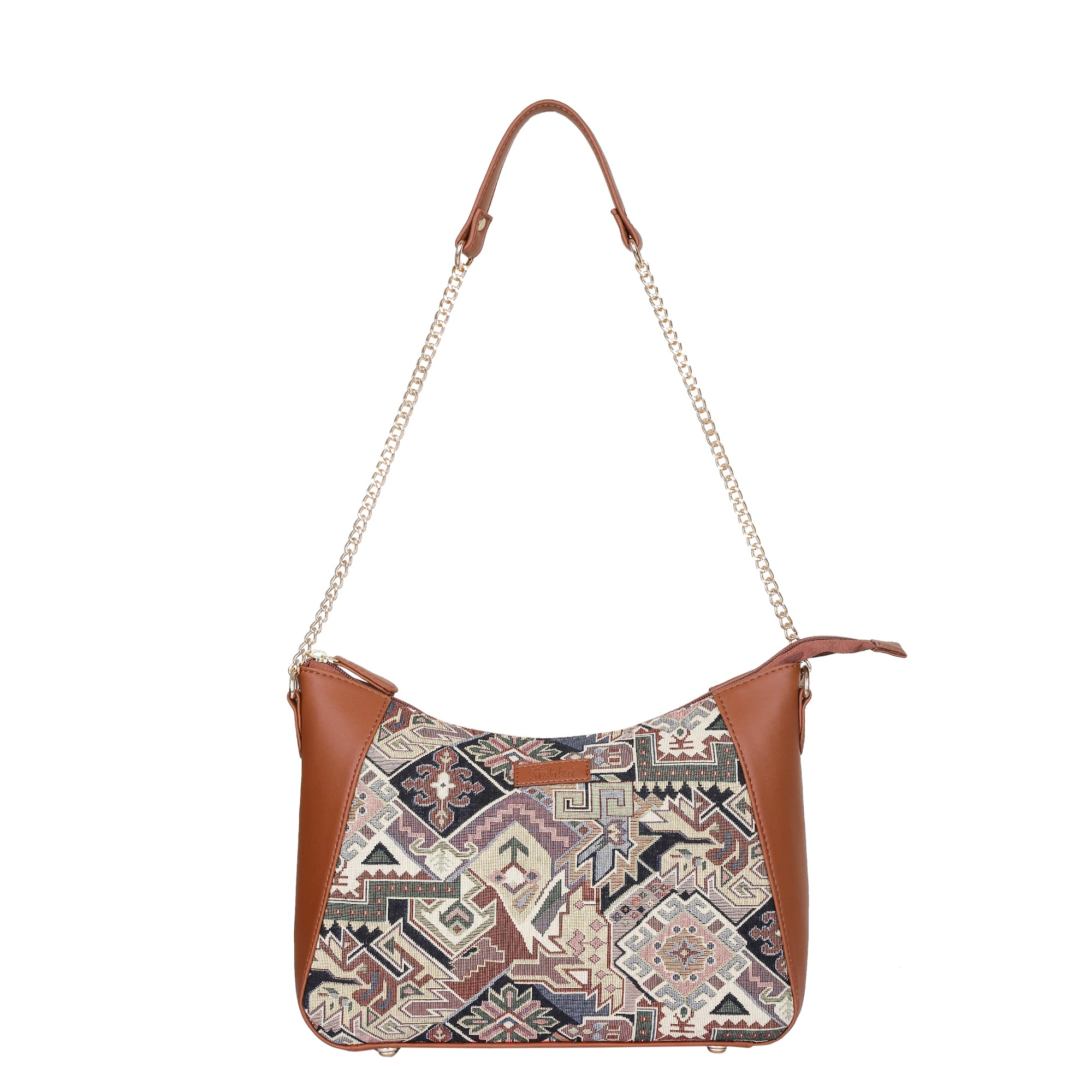 Ladies’ Geometric Tapestry Hobo Shoulder Bag – Vegan Leather Tote Purse with Chain Strap & Top Handle for Everyday Carry